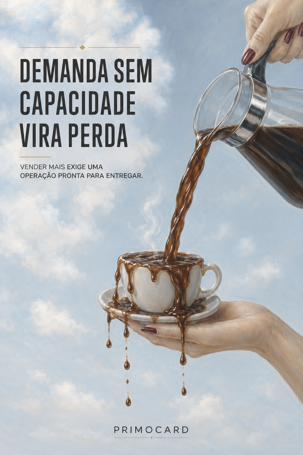 Mãos despejam café de uma jarra em uma xícara pequena que transborda completamente.