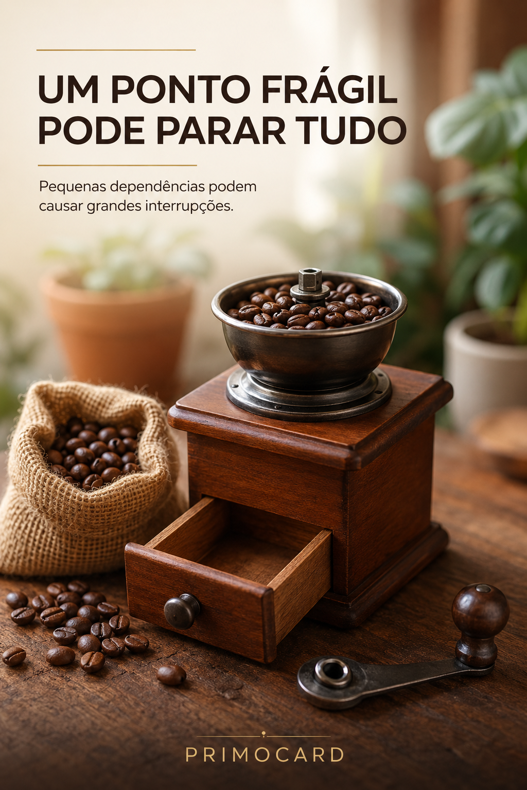 Moedor de café sem a manivela necessária para movimentar o mecanismo e processar os grãos.