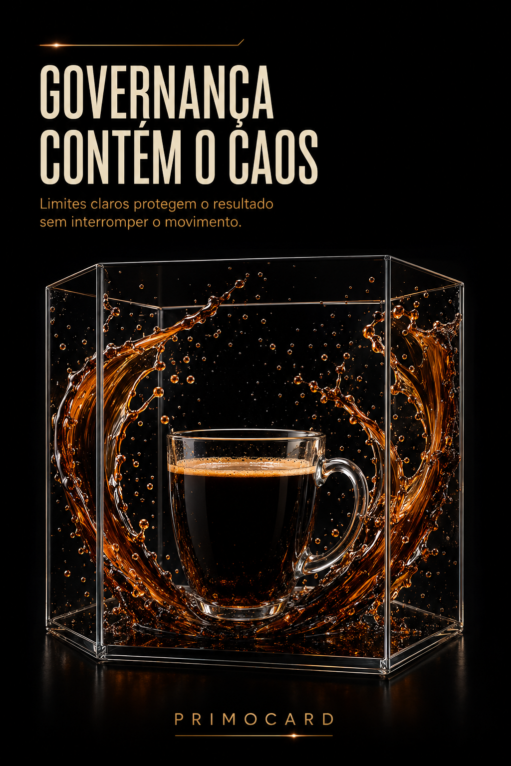 Xícara transparente de café dentro de uma caixa de vidro, cercada por uma grande onda do líquido contida pelos limites da estrutura.