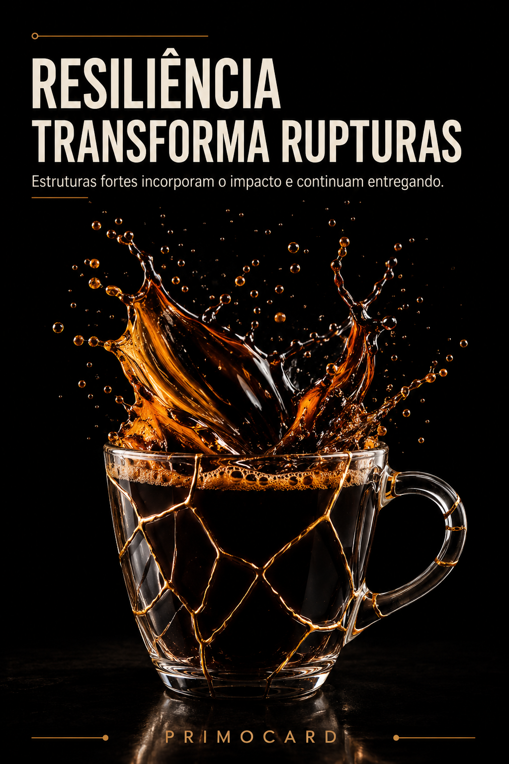 Xícara de vidro rachada e restaurada com linhas douradas enquanto o café se movimenta sem derramar.