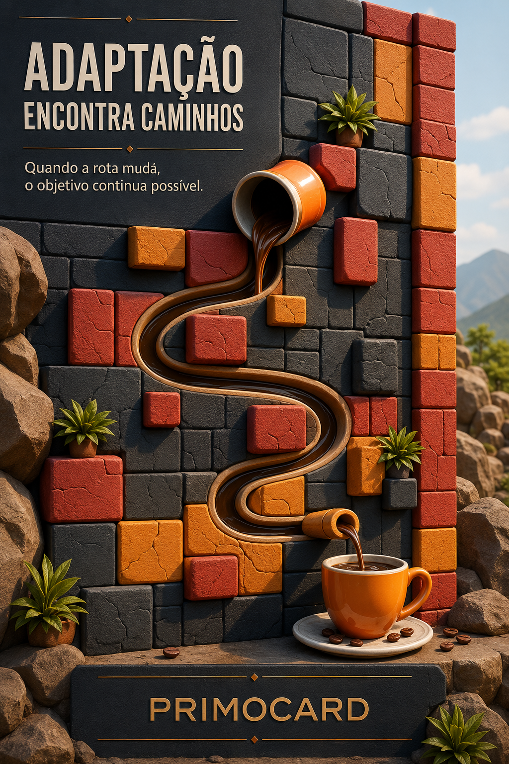 : Fluxo de café percorrendo um caminho curvo entre blocos coloridos até alcançar uma xícara laranja.
