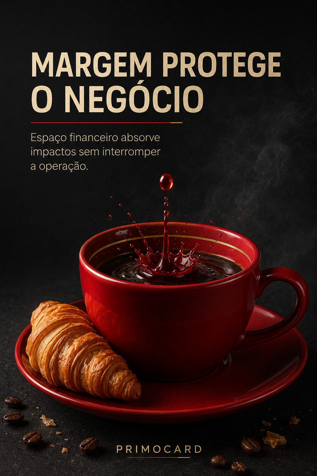 Xícara vermelha cheia de café ao lado de um croissant sobre um fundo escuro.