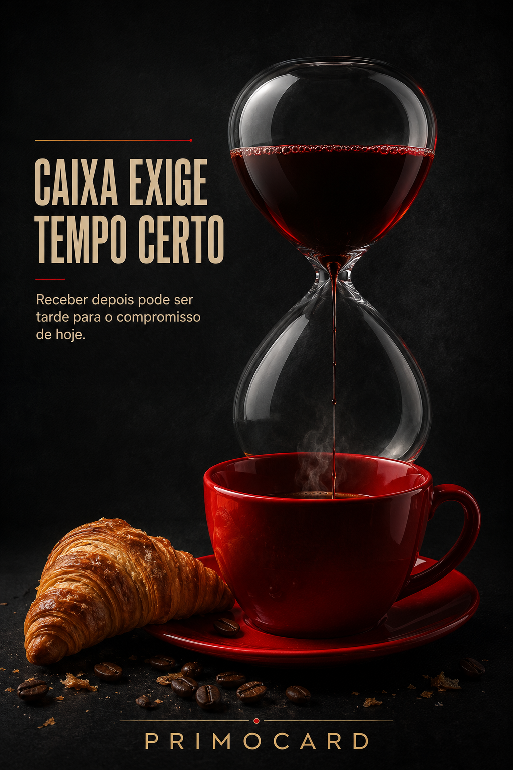 Ampulheta despejando café em uma xícara vermelha, representando o tempo entre vender, receber e cumprir compromissos financeiros.