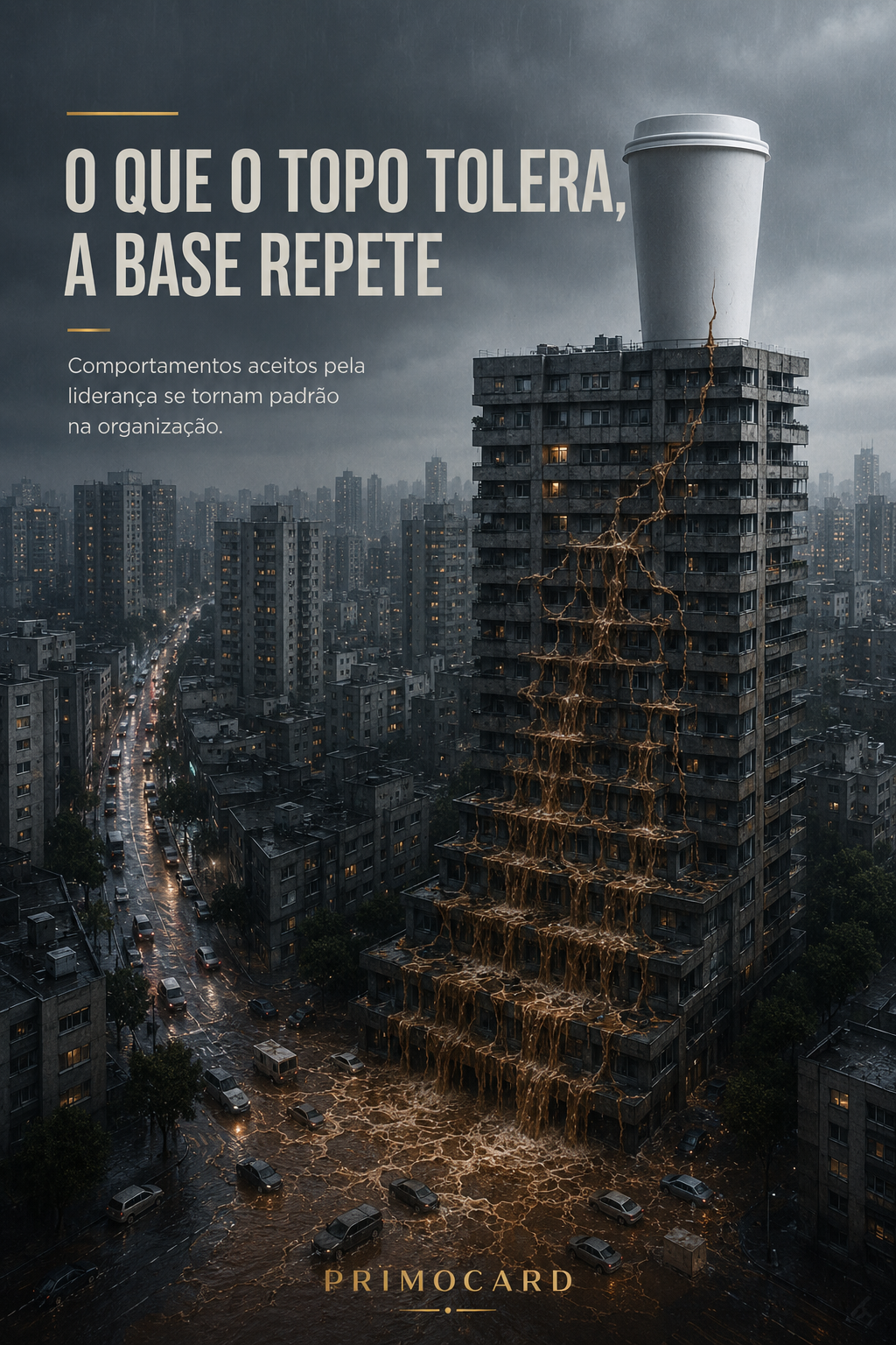 Copo gigante sobre um edifício transfere uma substância escura que se espalha por toda a estrutura.
