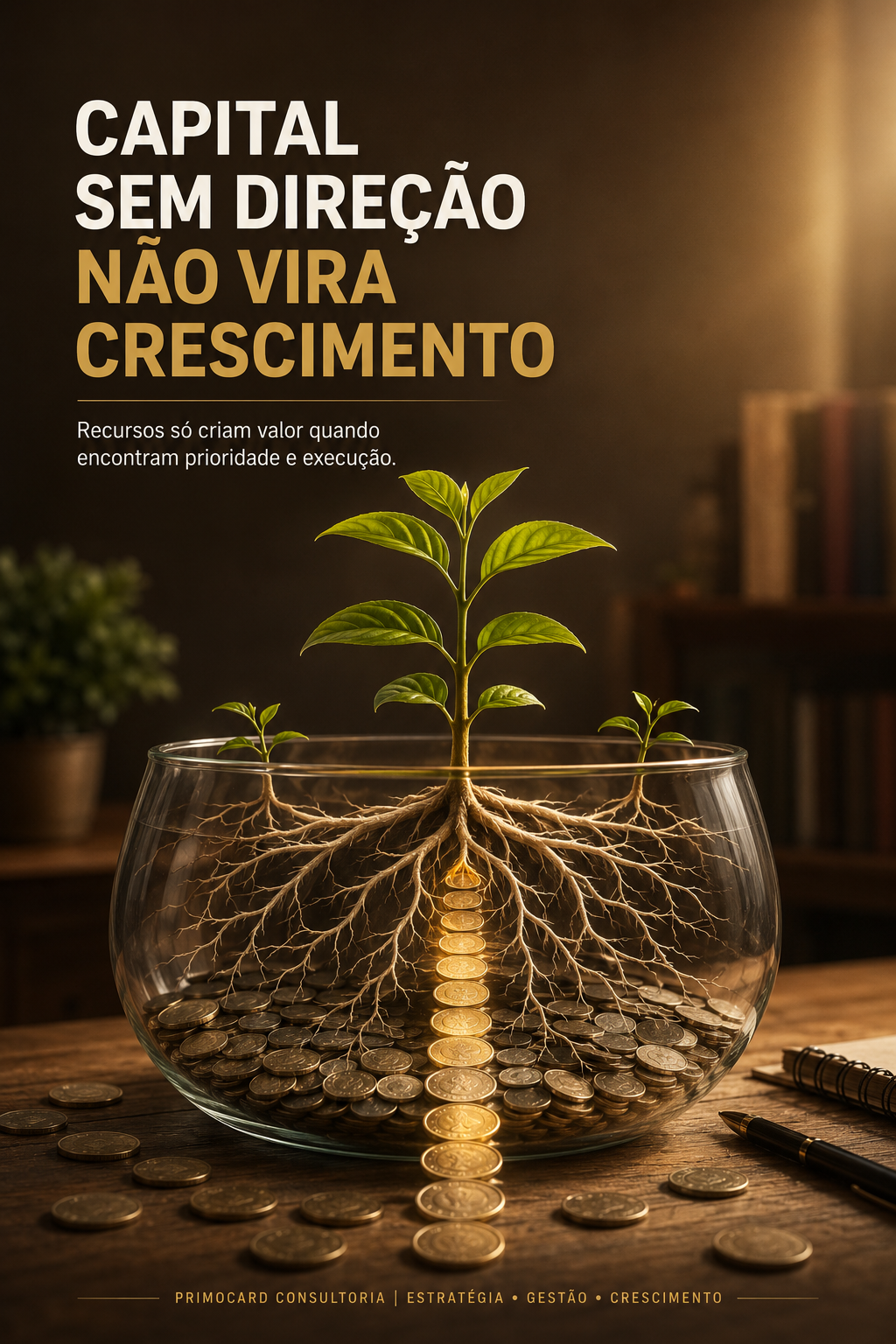 Planta crescendo dentro de um recipiente de vidro cheio de moedas, com raízes conectadas a um caminho central de capital.