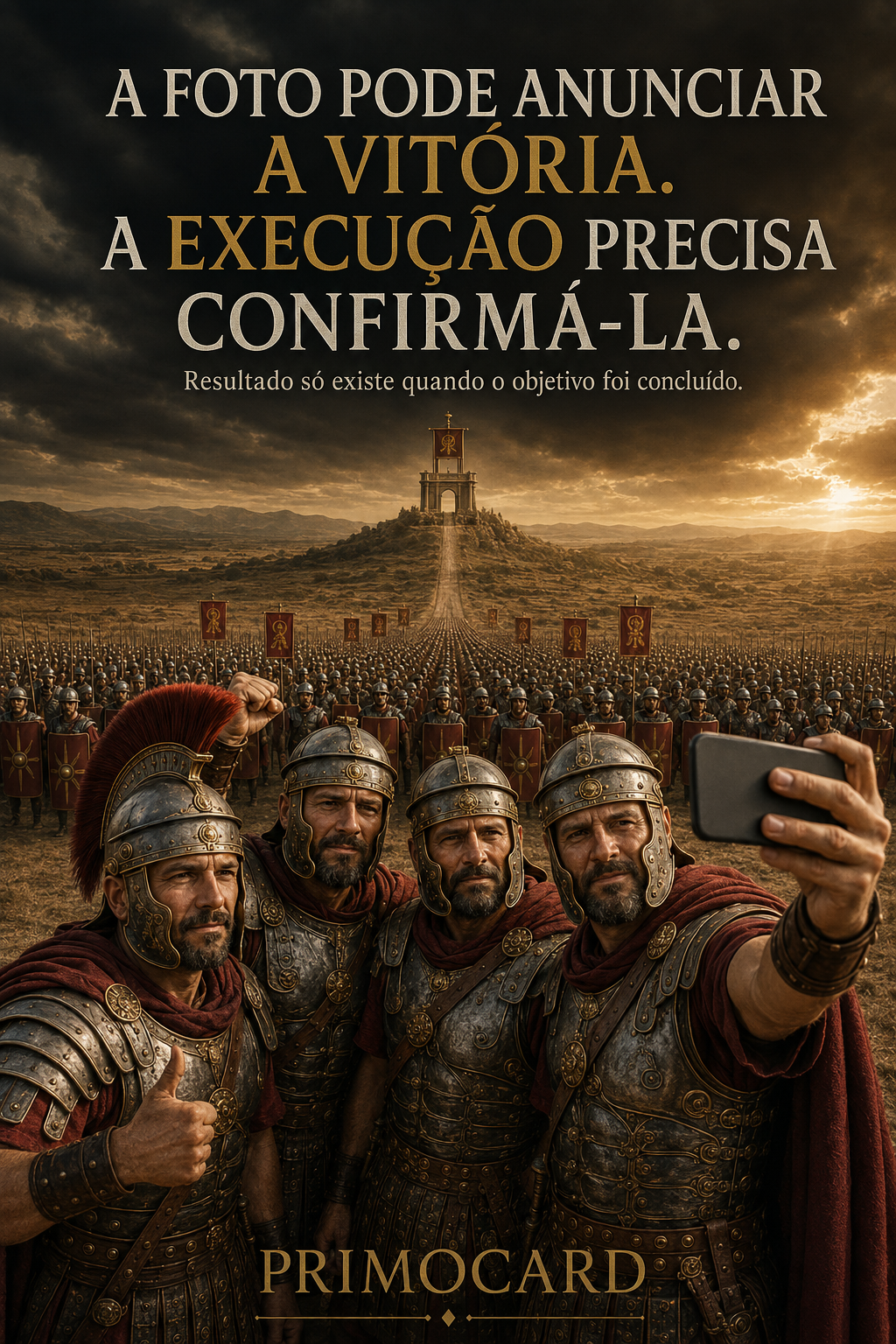 Soldados romanos fazendo uma fotografia antes da batalha, com um grande exército reunido ao fundo.