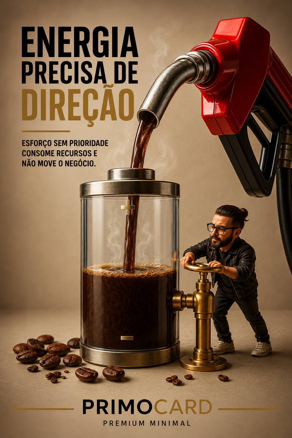Combustível sendo direcionado para um recipiente enquanto um homem controla uma válvula, representando energia com direção.