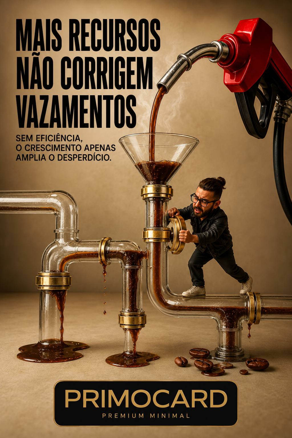 Bico de combustível abastecendo uma estrutura de tubos transparentes com vazamentos, representando crescimento empresarial sem eficiência.