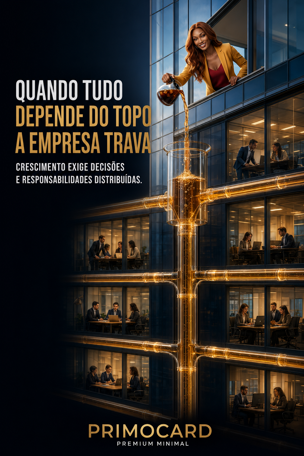 Empresária despejando café em uma estrutura de tubos que distribui o líquido entre diferentes setores de um edifício corporativo.