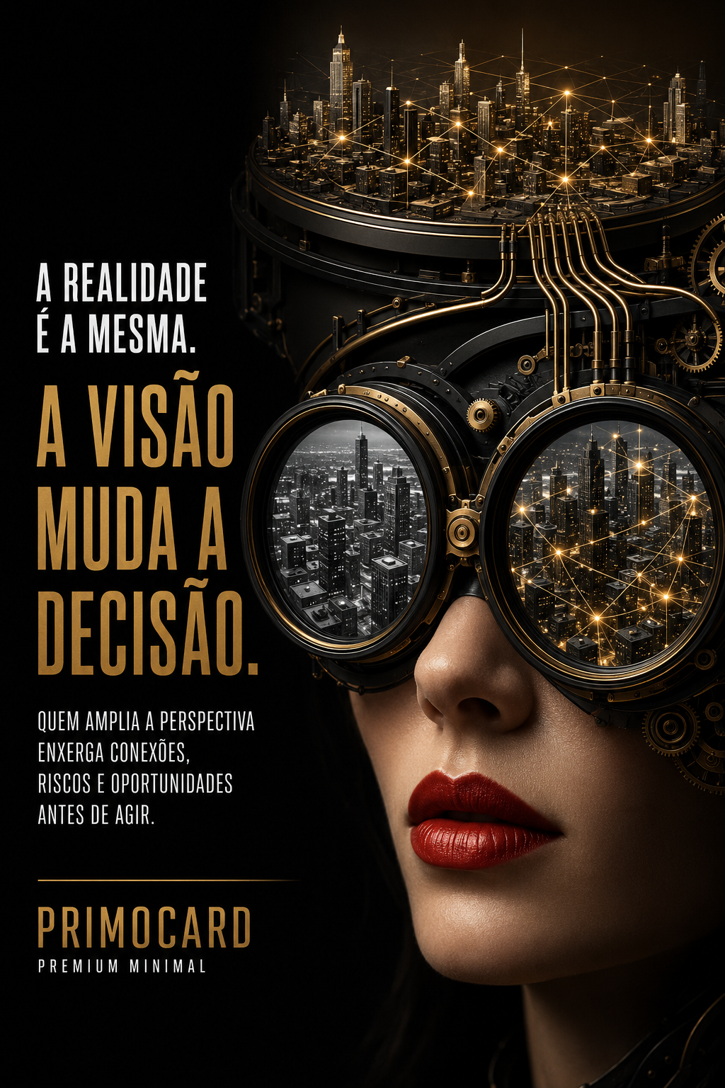 Mulher usando binóculos tecnológicos que mostram duas versões da mesma cidade, simbolizando como a perspectiva influencia decisões empresariais.