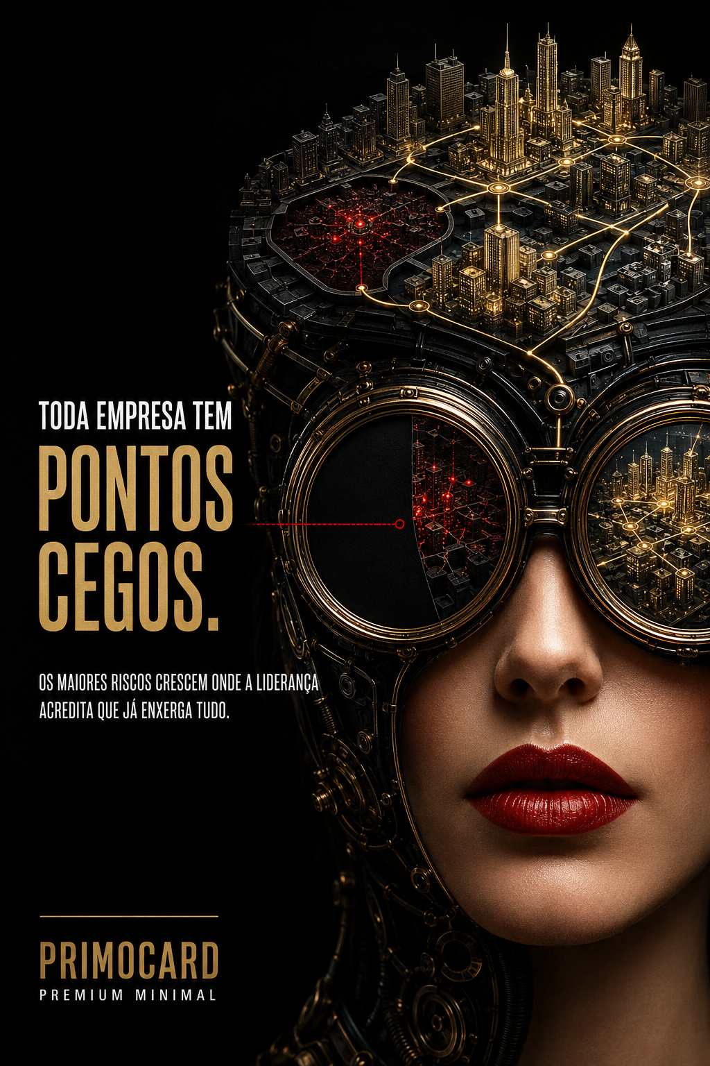 Mulher com óculos tecnológicos mostrando uma cidade visível e uma área oculta, representando pontos cegos empresariais.