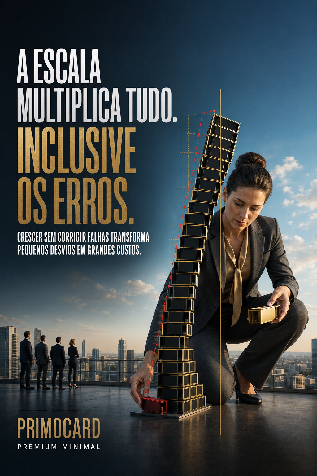 Empresária ajustando a base de uma torre crescente e levemente inclinada, simbolizando a correção de erros antes da expansão.
