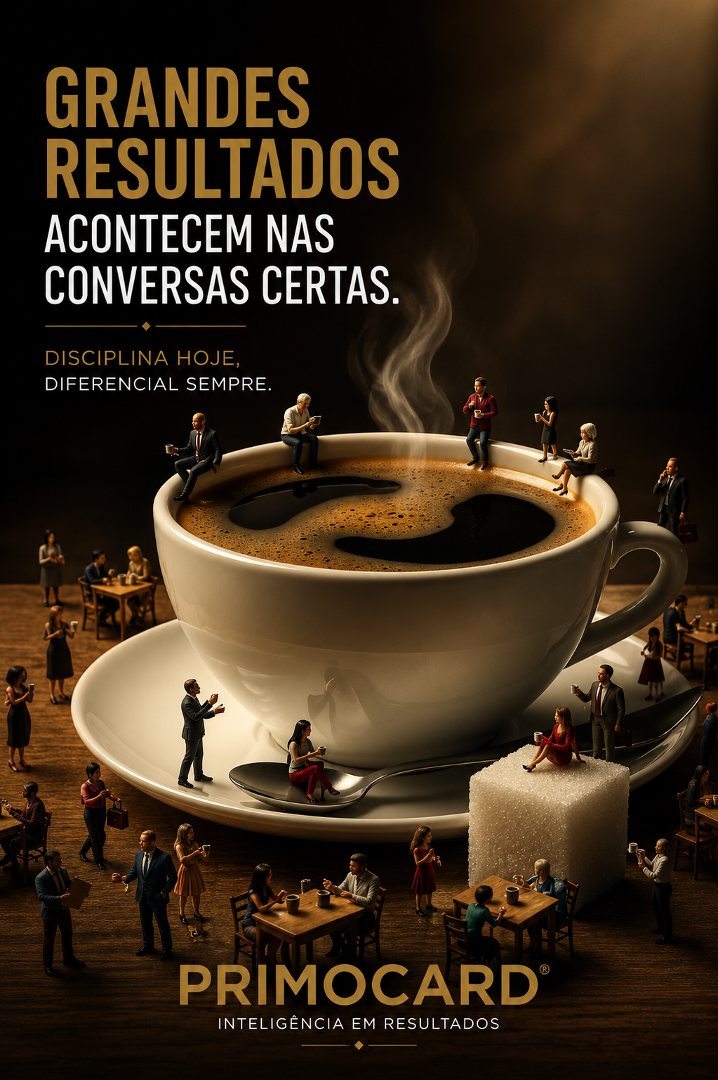 Pessoas reunidas ao redor de uma grande xícara de café, simbolizando conversas estratégicas, networking e oportunidades de negócios.