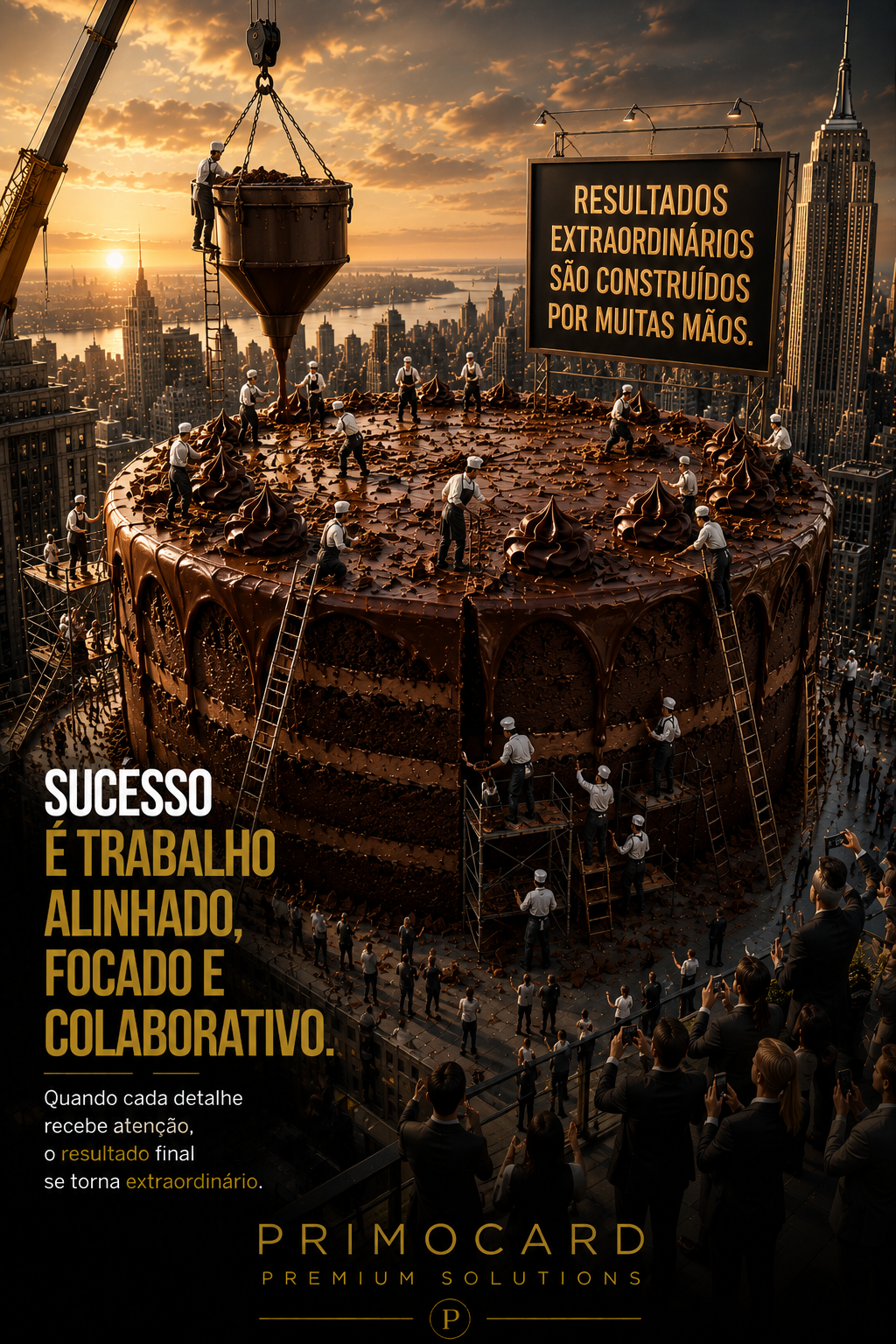 Grande equipe trabalhando na construção de um bolo monumental, simbolizando colaboração, alinhamento e resultados extraordinários.