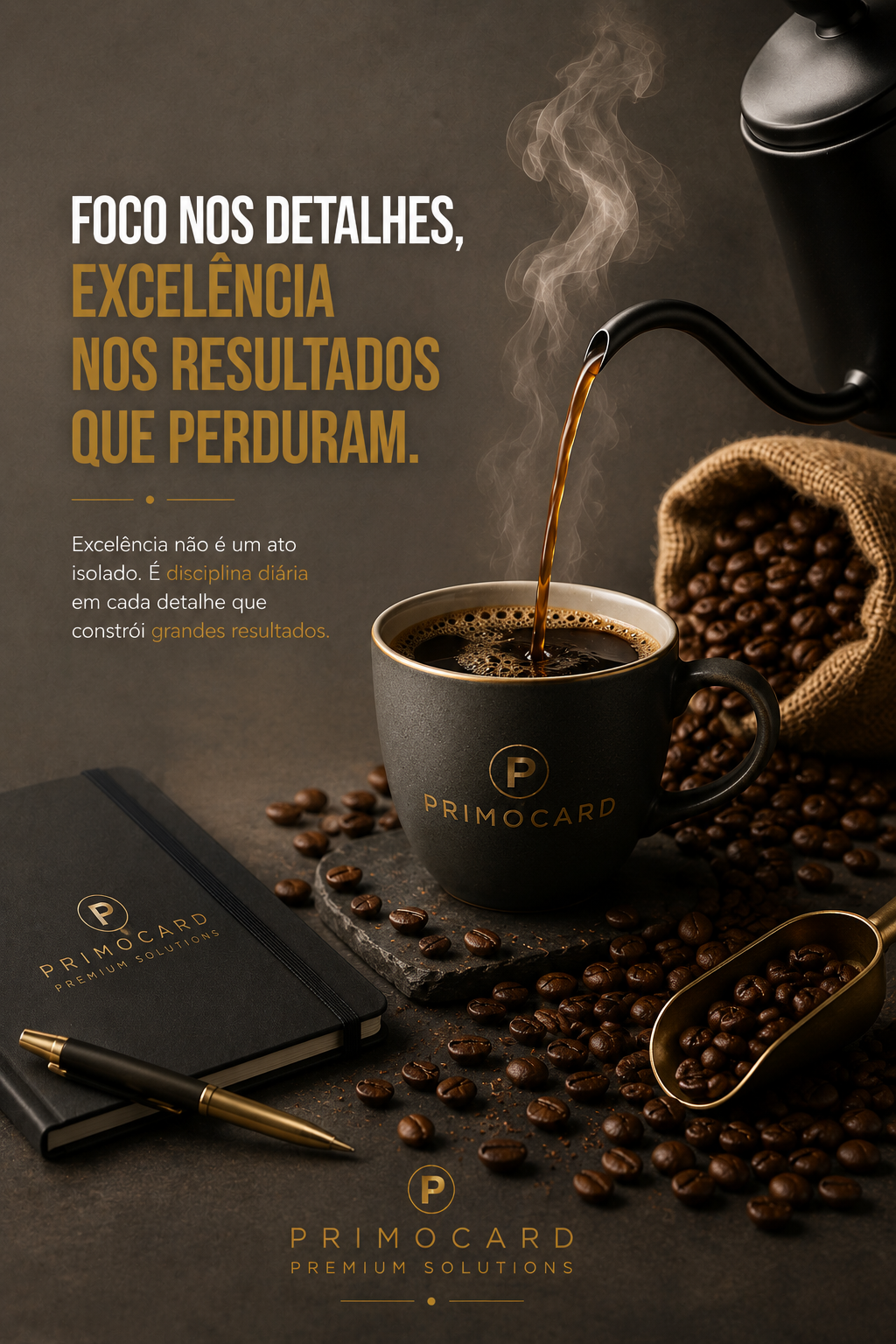Café sendo servido em uma xícara da Primocard ao lado de grãos e caderno, representando disciplina e atenção aos detalhes.