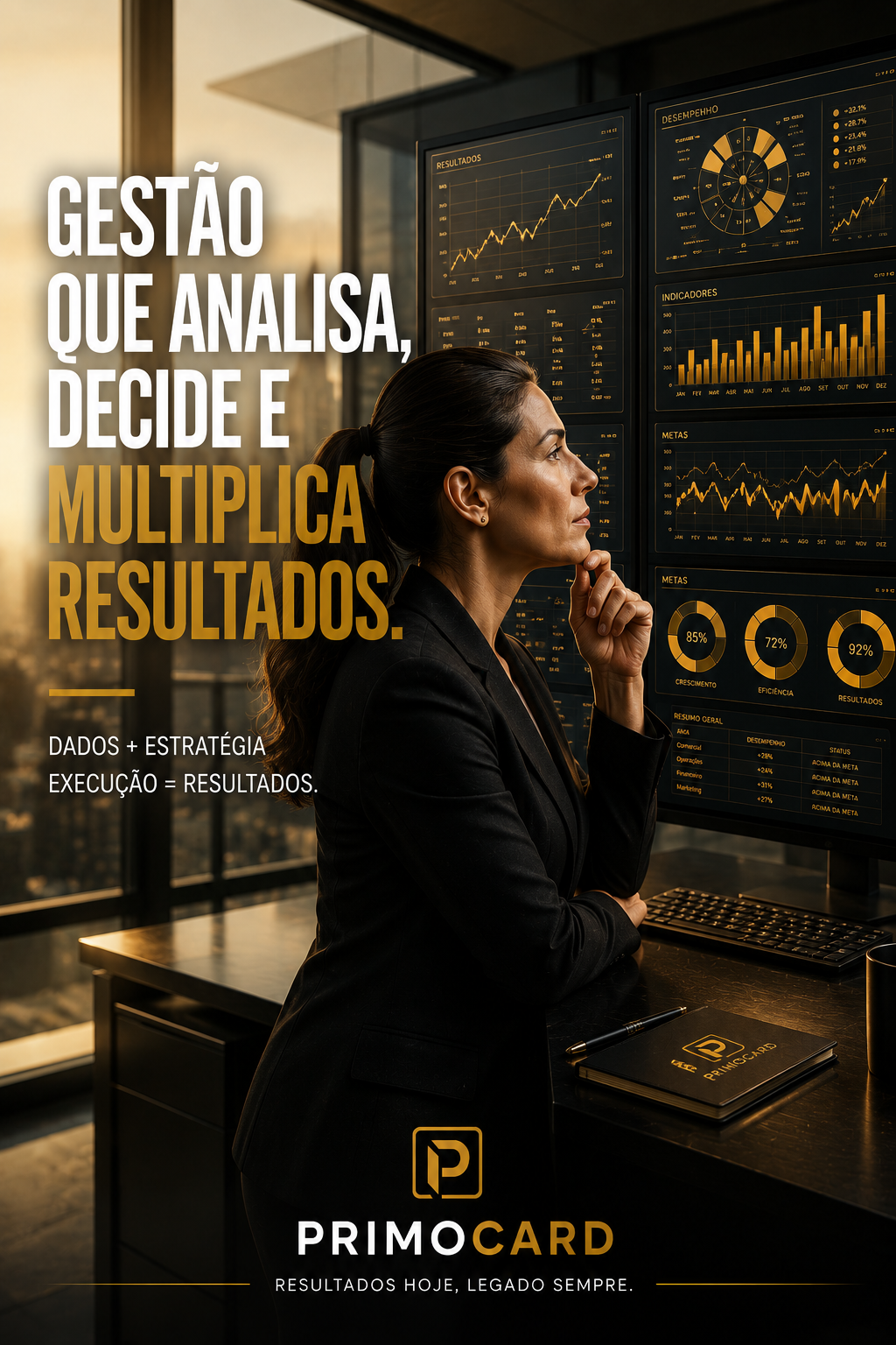Executiva analisando painéis de indicadores empresariais com gráficos de desempenho, metas, eficiência e resultados.