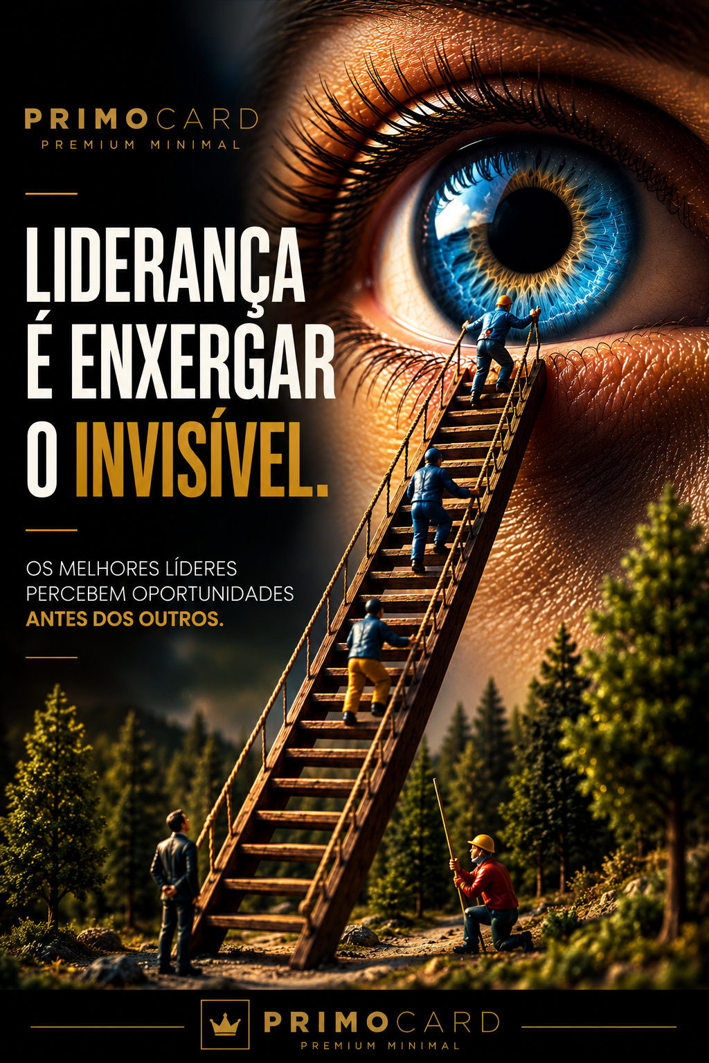 Trabalhadores subindo uma escada em direção a um olho gigante, representando líderes que identificam oportunidades invisíveis.