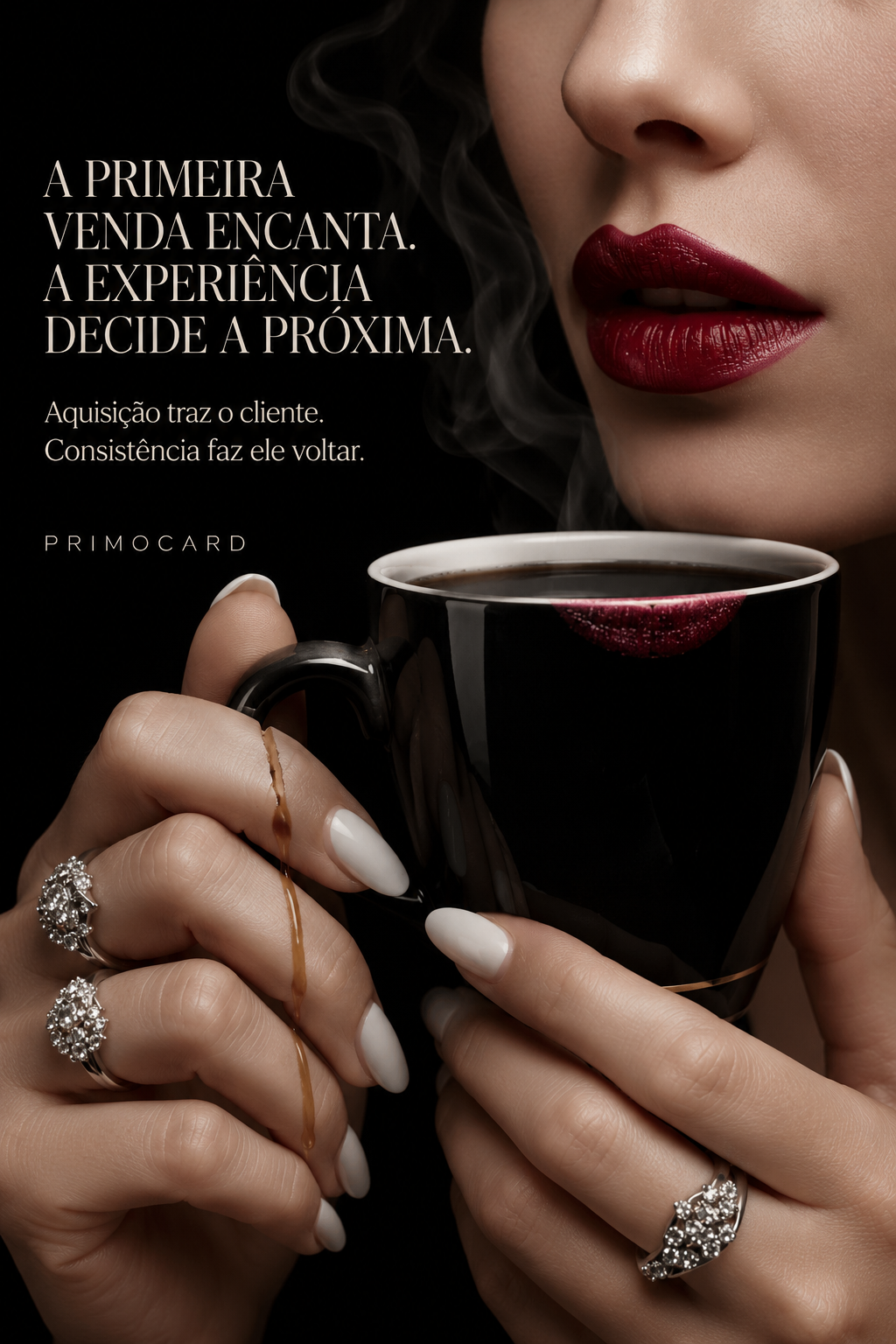 Mulher segurando uma xícara preta próxima aos lábios, representando uma experiência marcante que estimula uma nova compra.