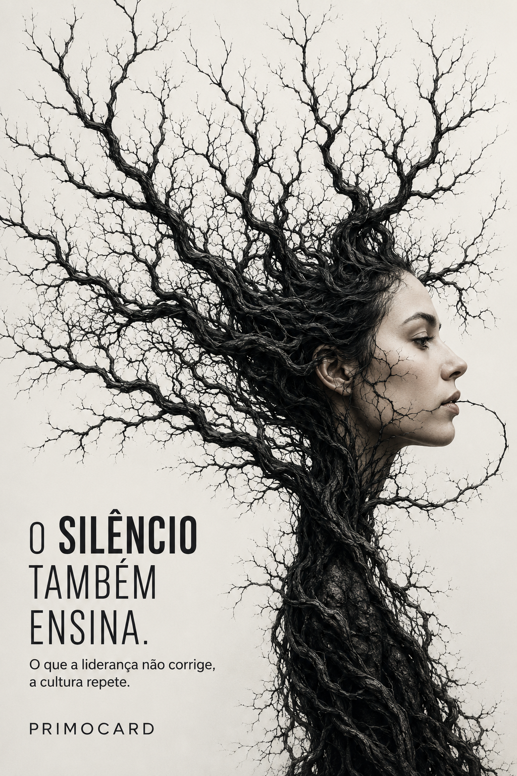 Perfil de uma mulher integrado a galhos secos, representando comportamentos que criam raízes na cultura empresarial.