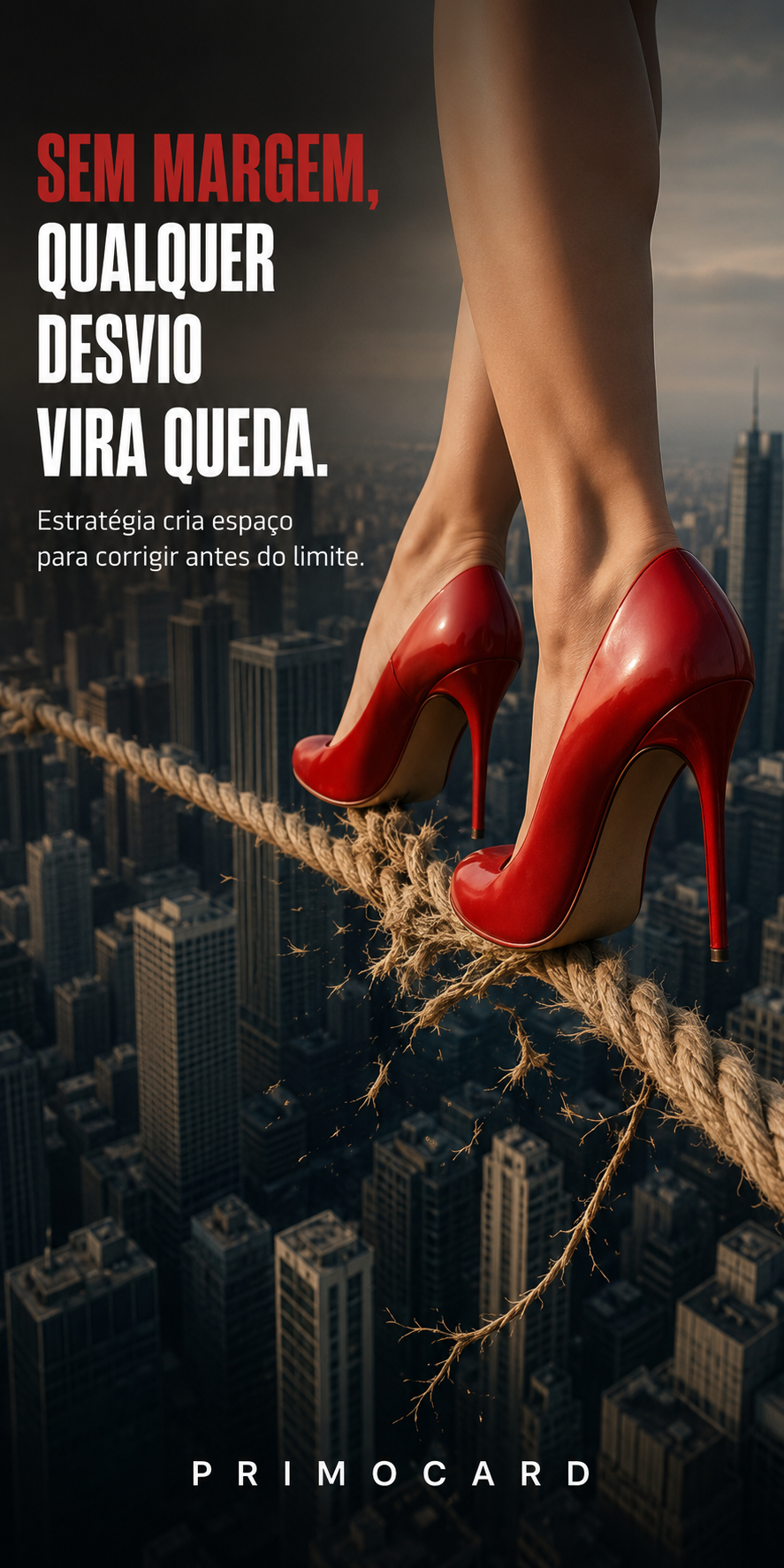 Mulher usando sapatos vermelhos caminha sobre uma corda desgastada acima de uma cidade, simbolizando uma operação sem margem de segurança.