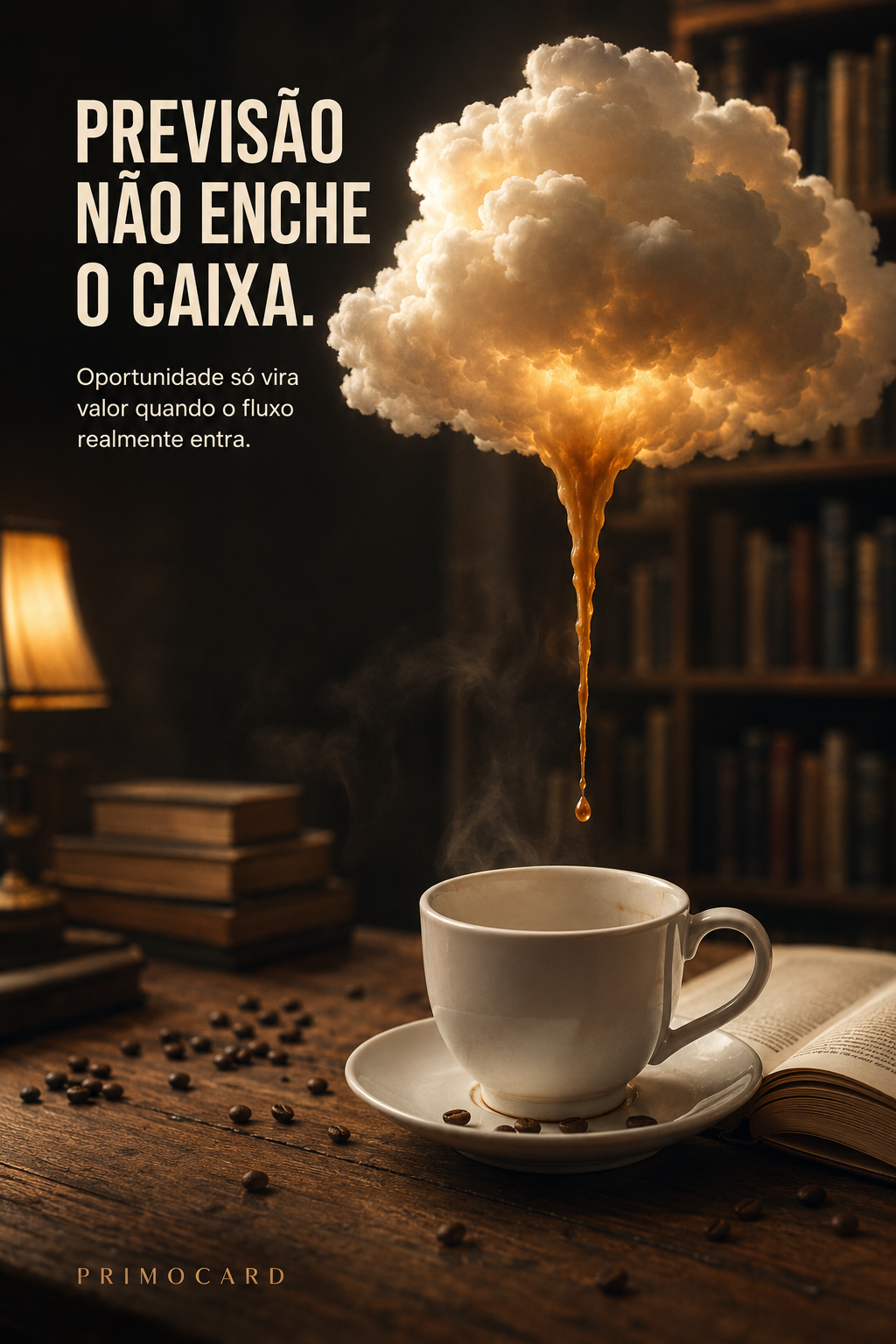 Nuvem dourada concentrando uma única gota sobre uma xícara vazia, representando previsões que ainda não se converteram em receita.