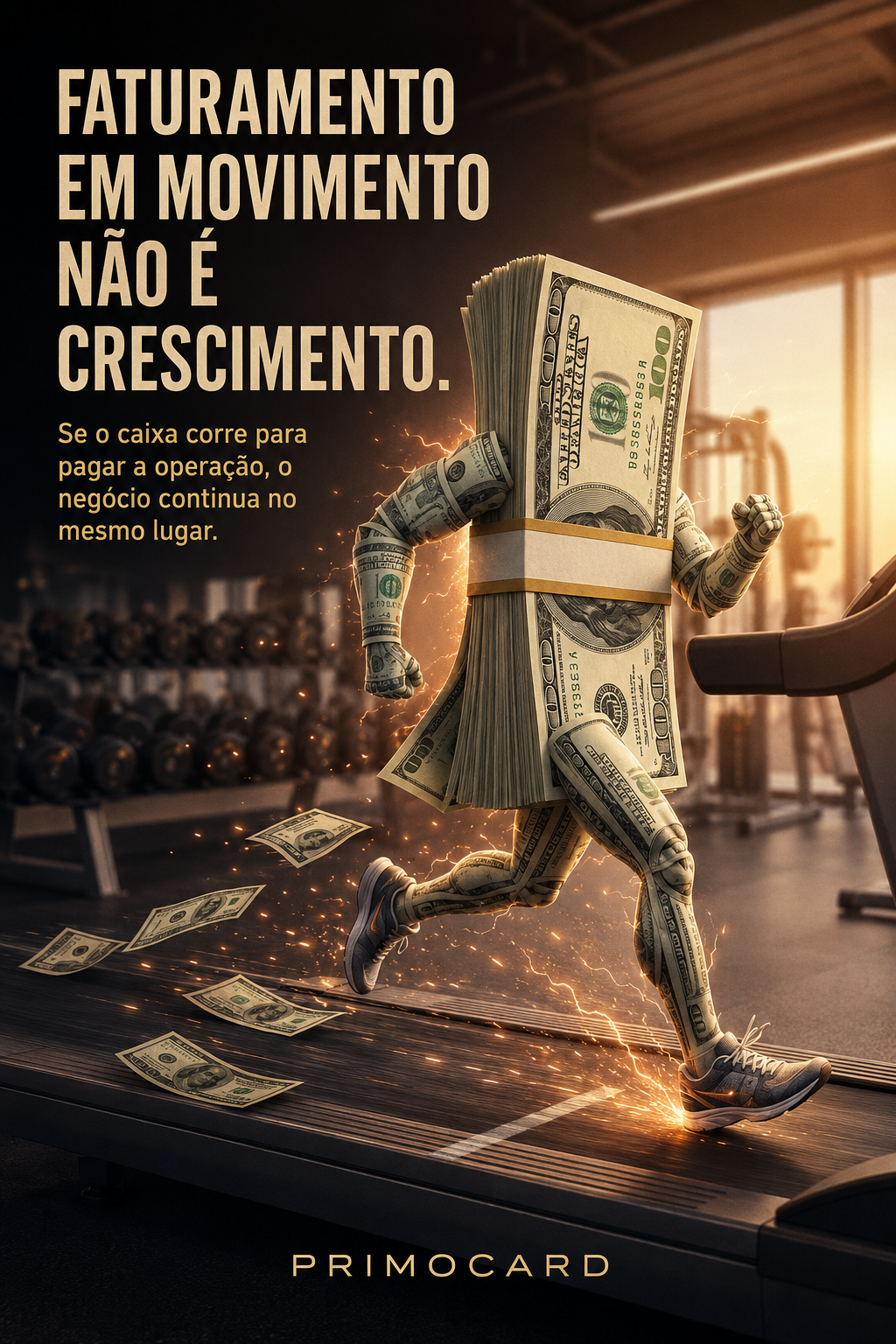Personagem formado por notas de dinheiro correndo em uma esteira, representando faturamento consumido pela própria operação.