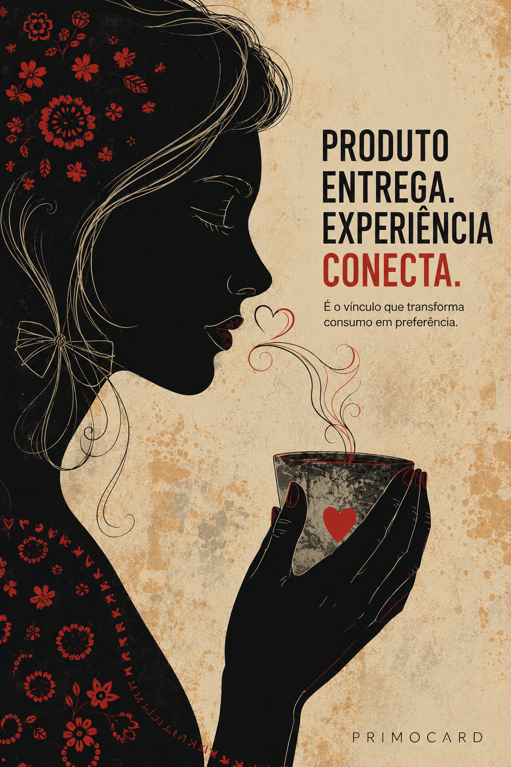 Ilustração de mulher segurando uma xícara com coração, representando a conexão emocional criada pela experiência do cliente.