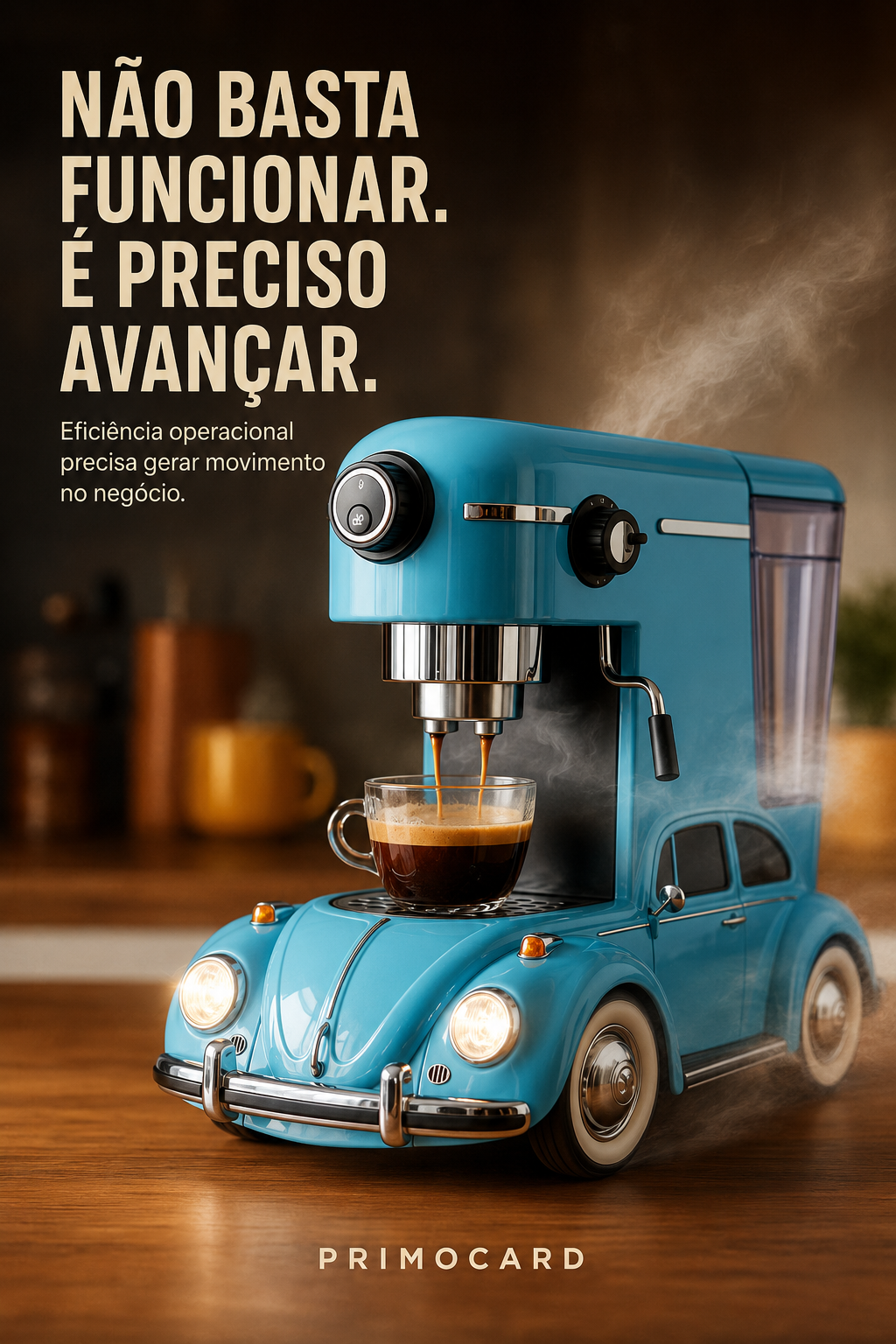 Máquina de café azul integrada a um carro, representando uma operação que precisa funcionar e gerar movimento empresarial.