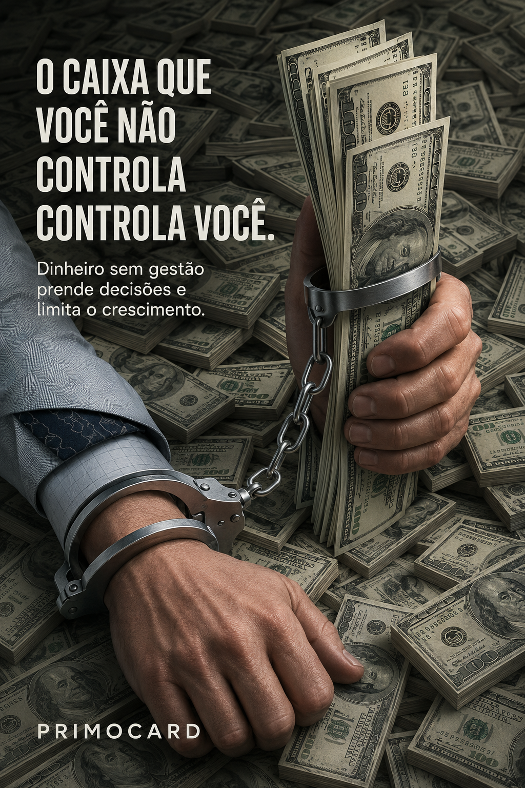 Empresário algemado a um maço de dinheiro, representando a dependência causada pela falta de controle financeiro.