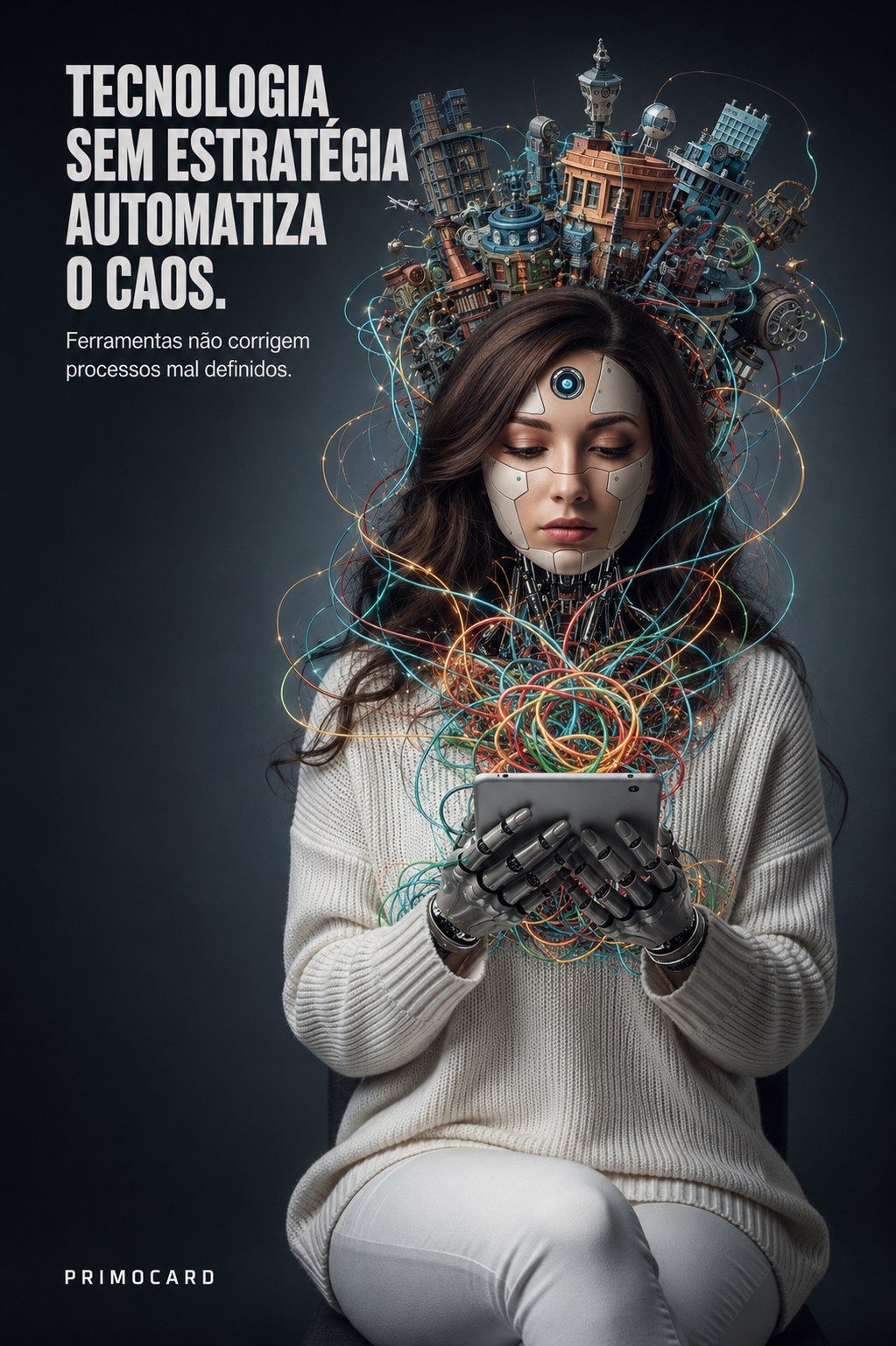 Mulher com partes robóticas envolvida por fios e máquinas, representando tecnologia aplicada a processos empresariais desorganizados.