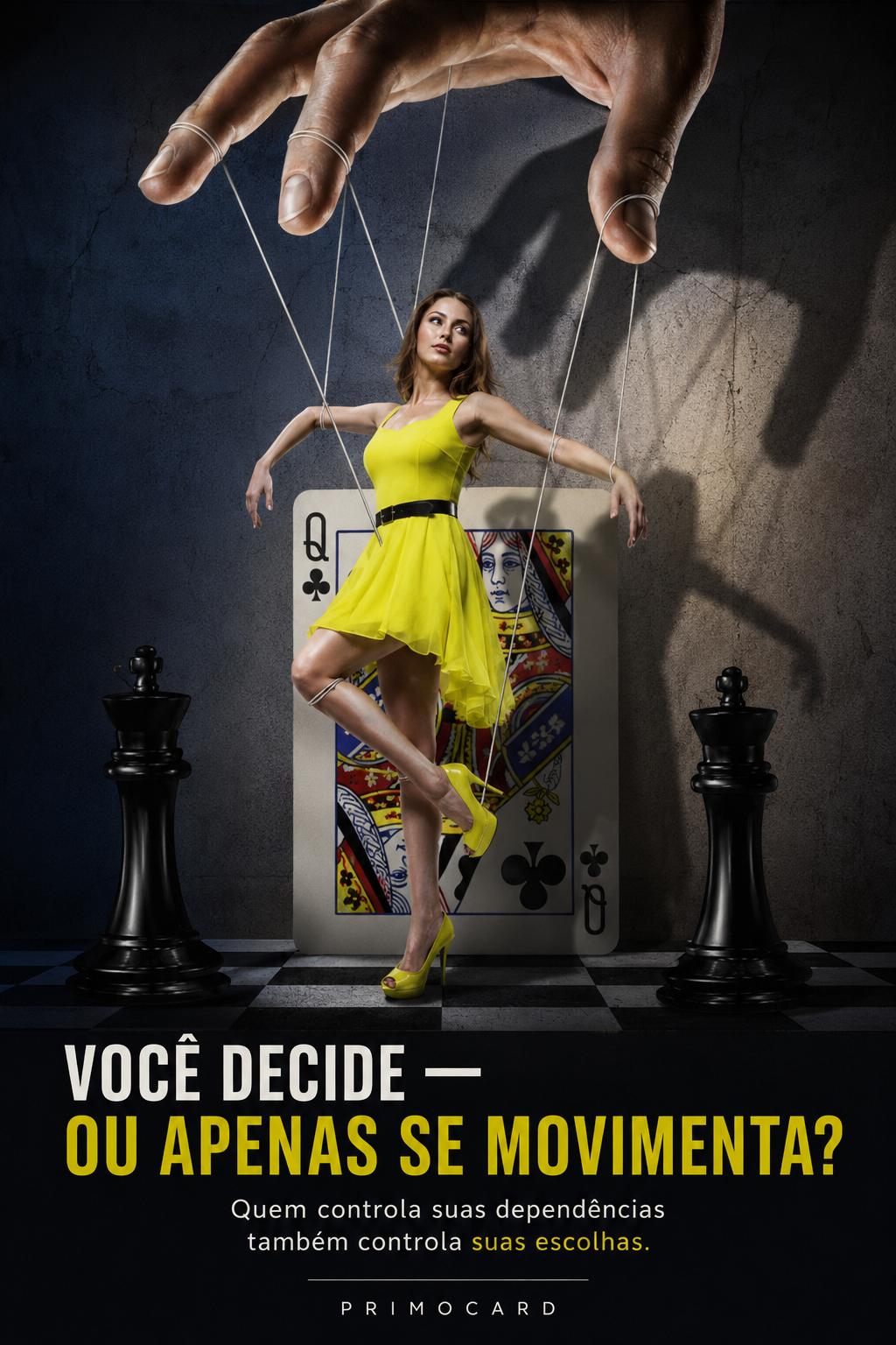 Mulher representada como marionete controlada por uma mão gigante, entre peças de xadrez e uma carta de baralho.