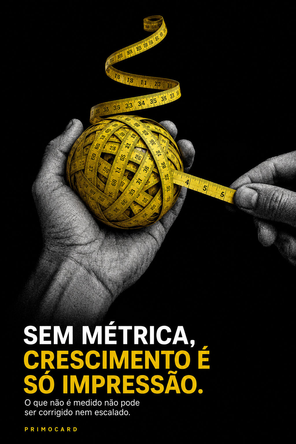Mãos segurando uma esfera formada por fitas métricas amarelas sobre um fundo preto.