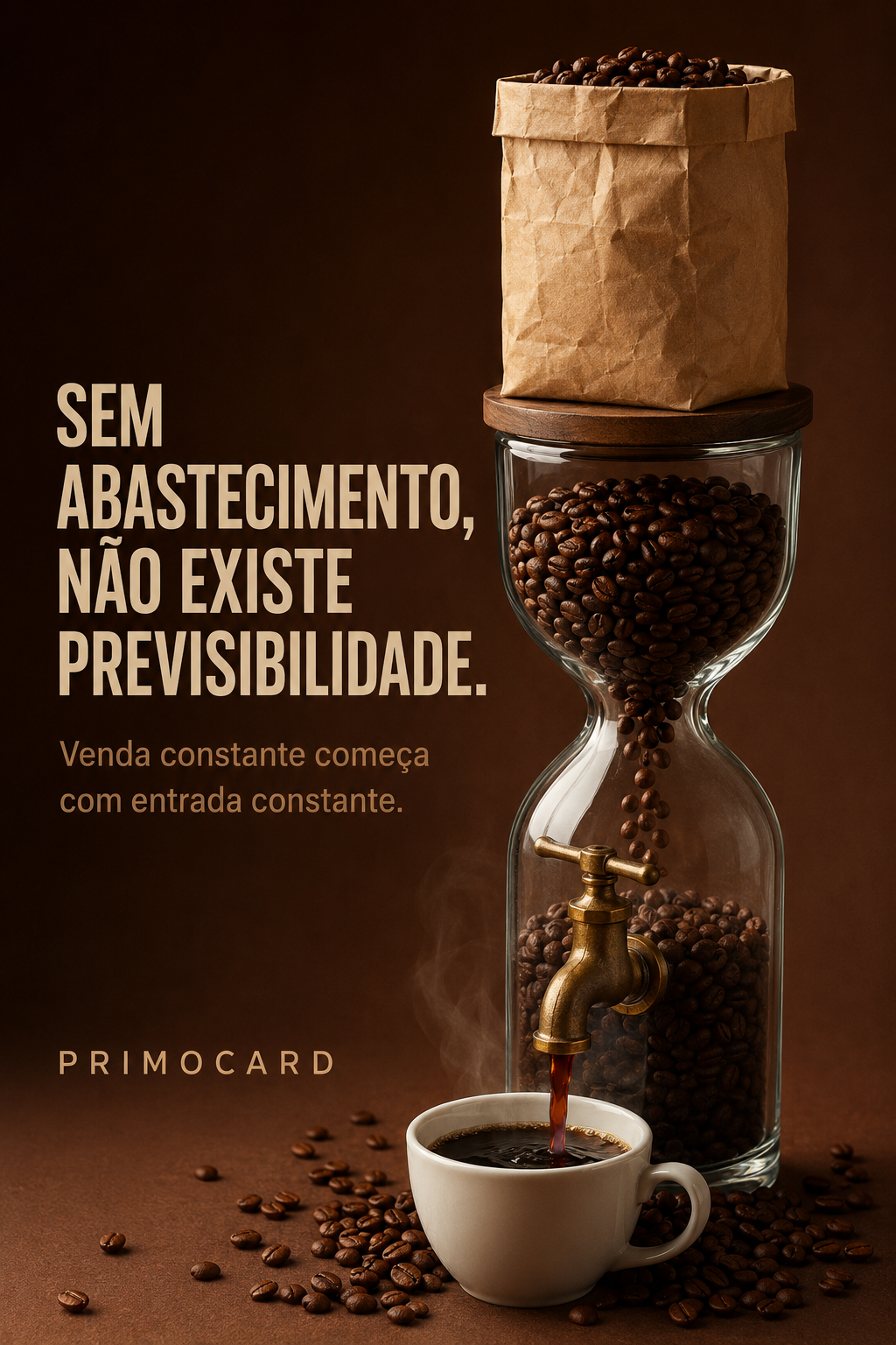 Grãos de café atravessando uma ampulheta com torneira e abastecendo continuamente uma xícara.