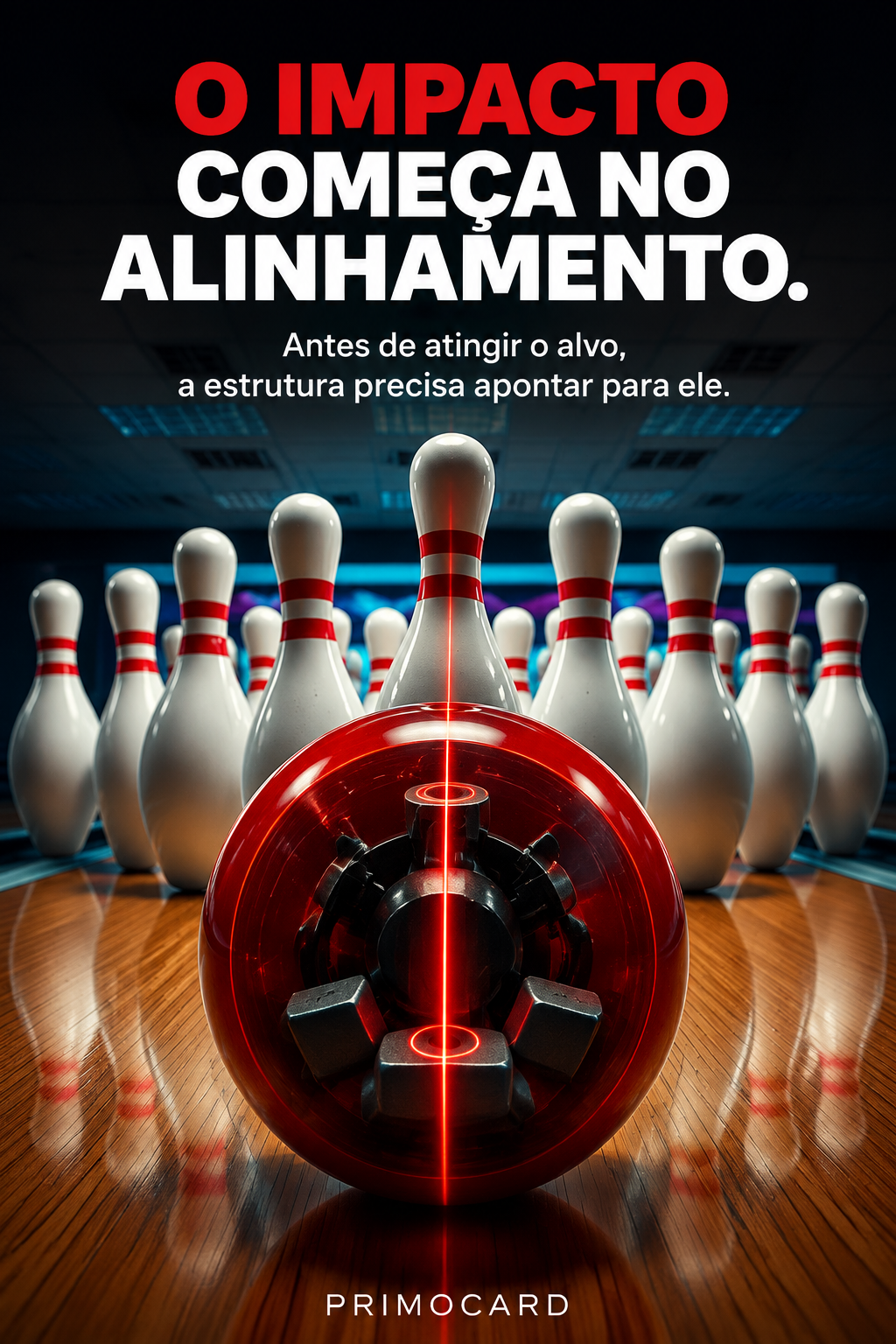 Bola de boliche vermelha alinhada por um feixe de luz diante de vários pinos brancos.