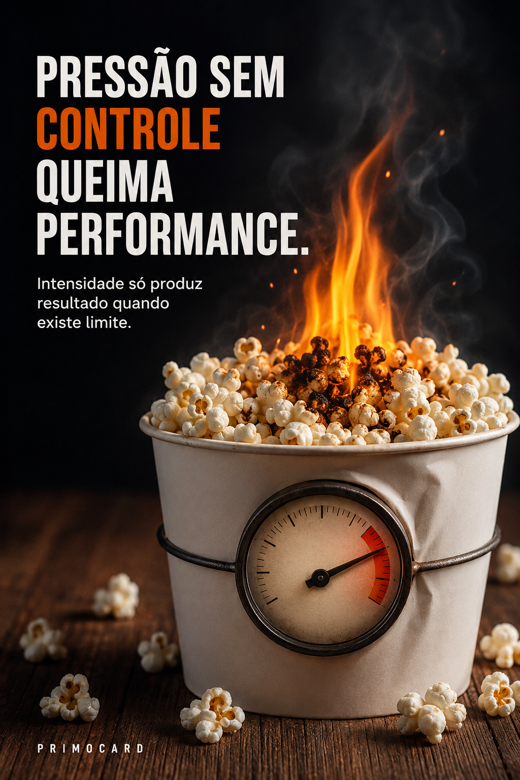 Balde de pipoca em chamas com medidor no limite, simbolizando pressão excessiva e perda de performance profissional.