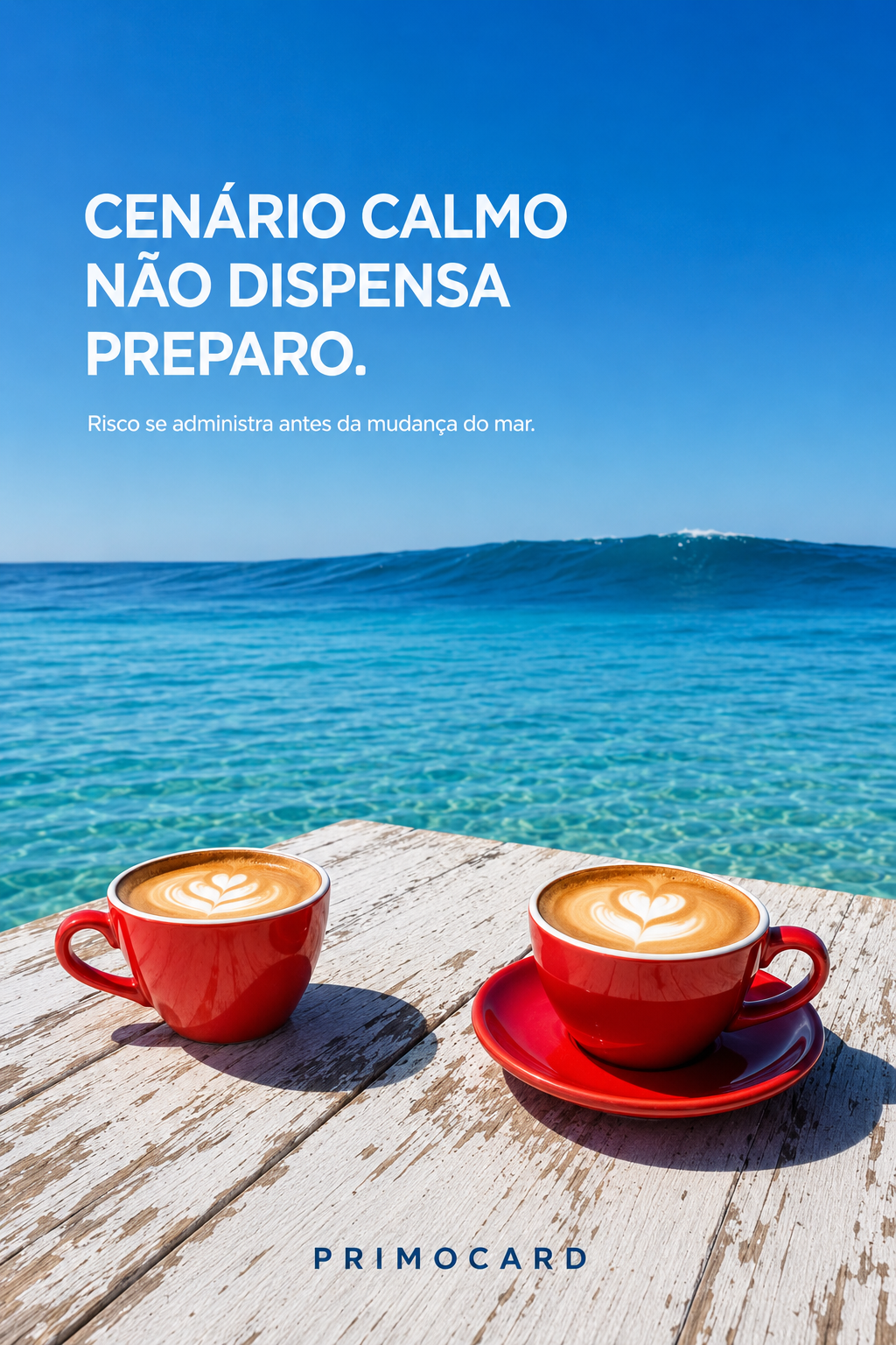 Duas xícaras vermelhas sobre uma mesa diante de um mar aparentemente tranquilo.