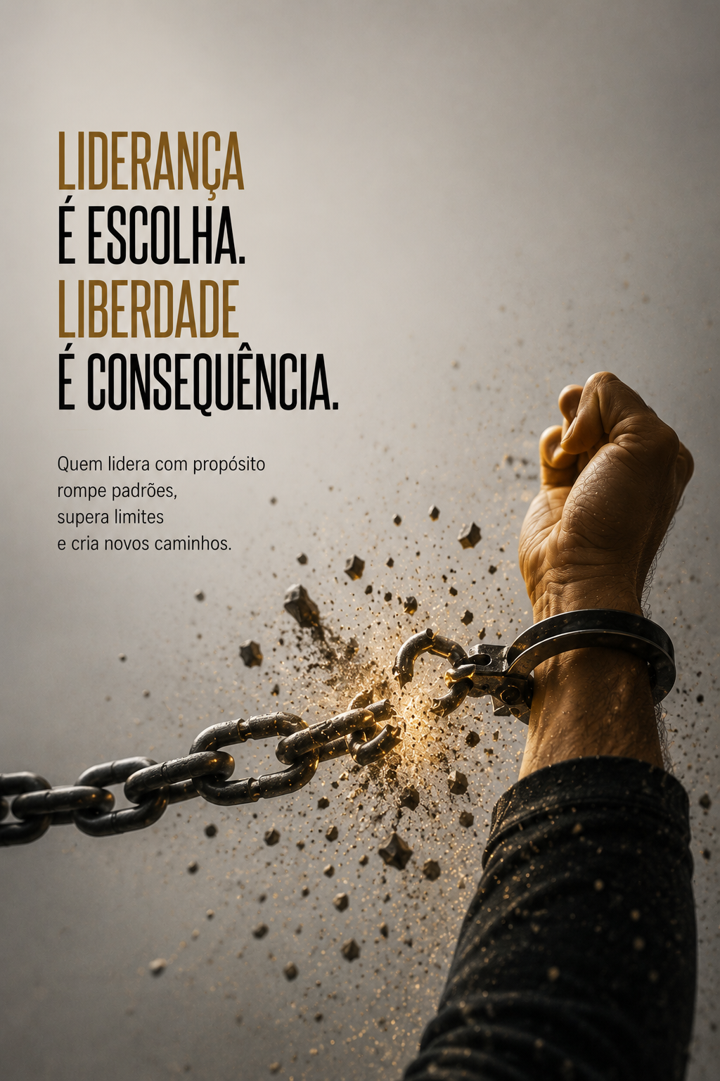 Braço erguido rompendo uma algema e uma corrente, representando liderança, liberdade, superação de limites e responsabilidade pelas escolhas.