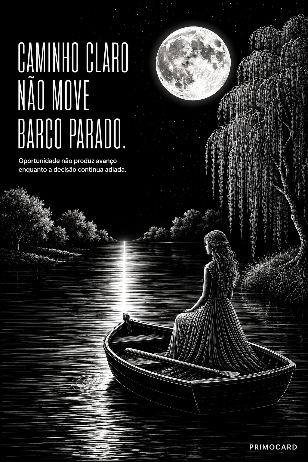 Mulher sentada em um barco imóvel sob a luz da lua, representando uma oportunidade clara que não avança por falta de decisão.