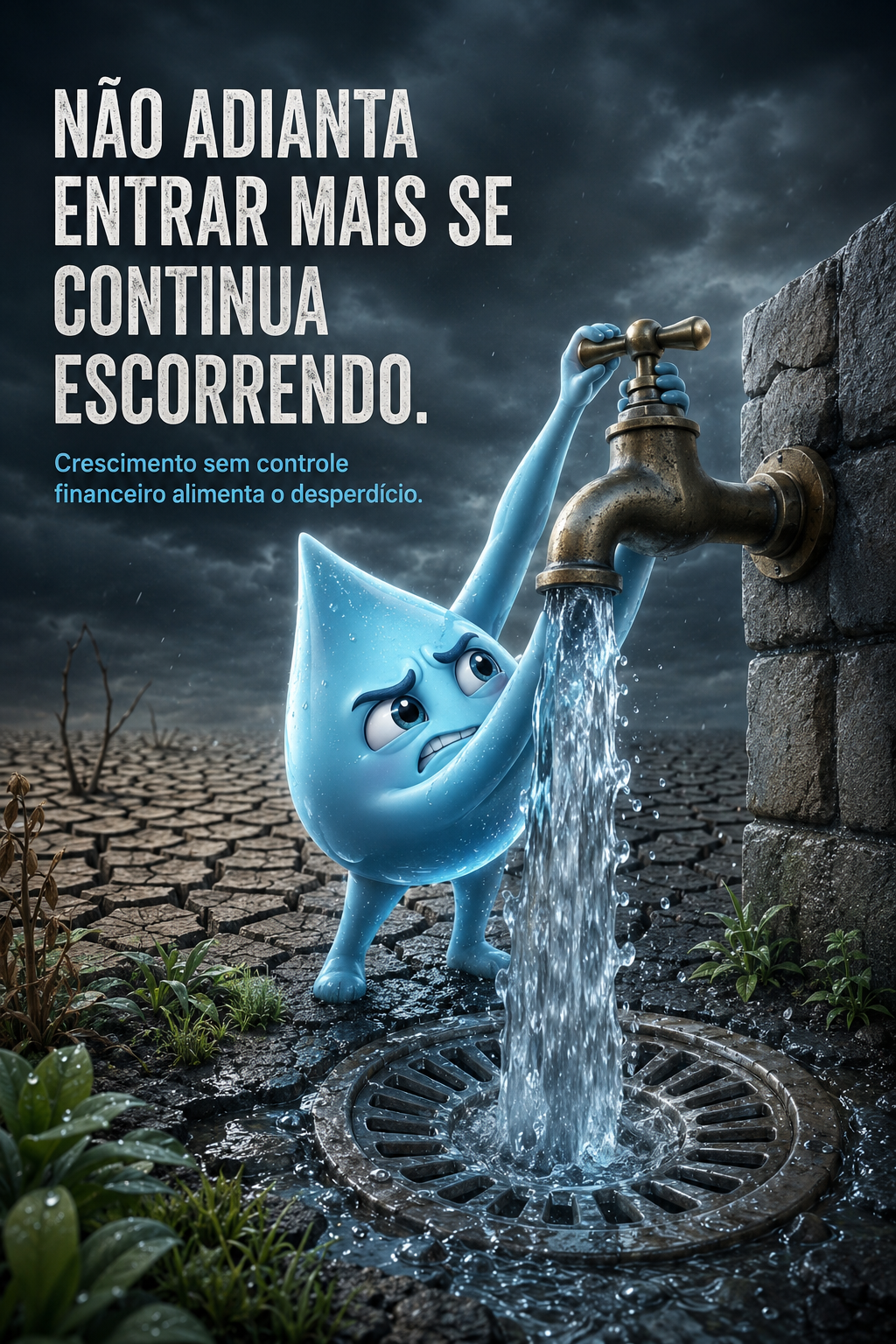 Personagem em forma de gota tentando fechar uma torneira enquanto a água escorre diretamente para um ralo.