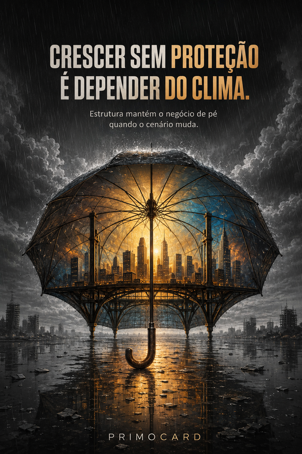 Cidade protegida por um grande guarda-chuva durante uma tempestade, simbolizando a estrutura que sustenta uma empresa em cenários adversos.