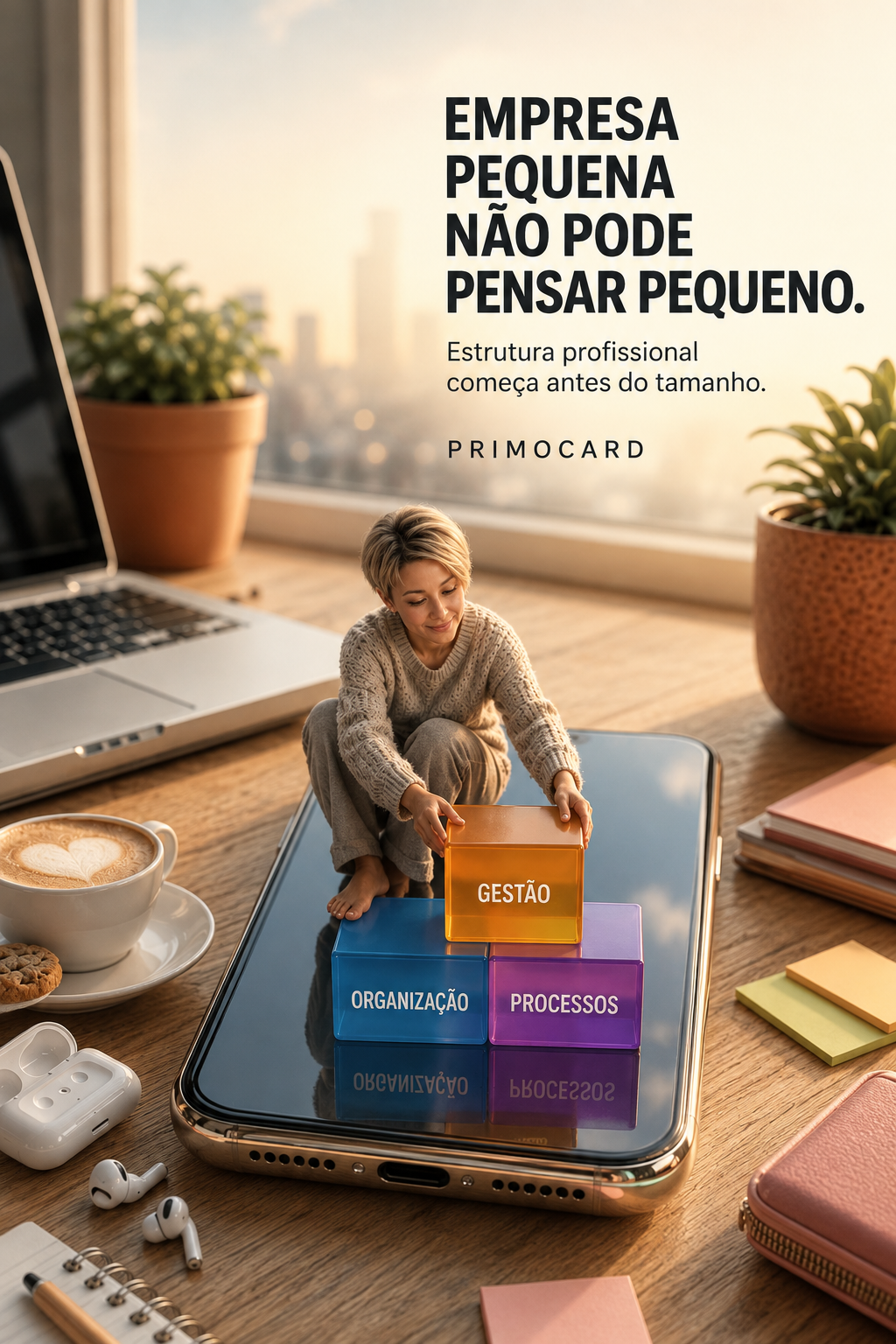 Pequena empresária organizando blocos de gestão, organização e processos sobre um celular em uma mesa de trabalho.