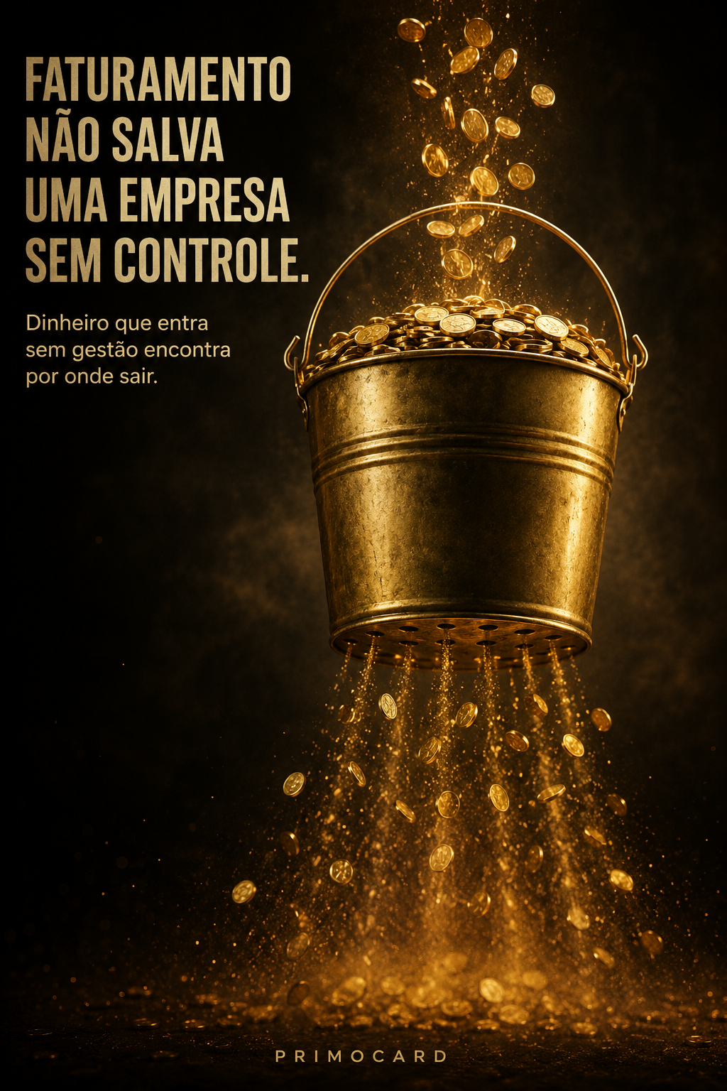 Balde cheio de moedas com furos na parte inferior, representando faturamento perdido por falta de controle financeiro.