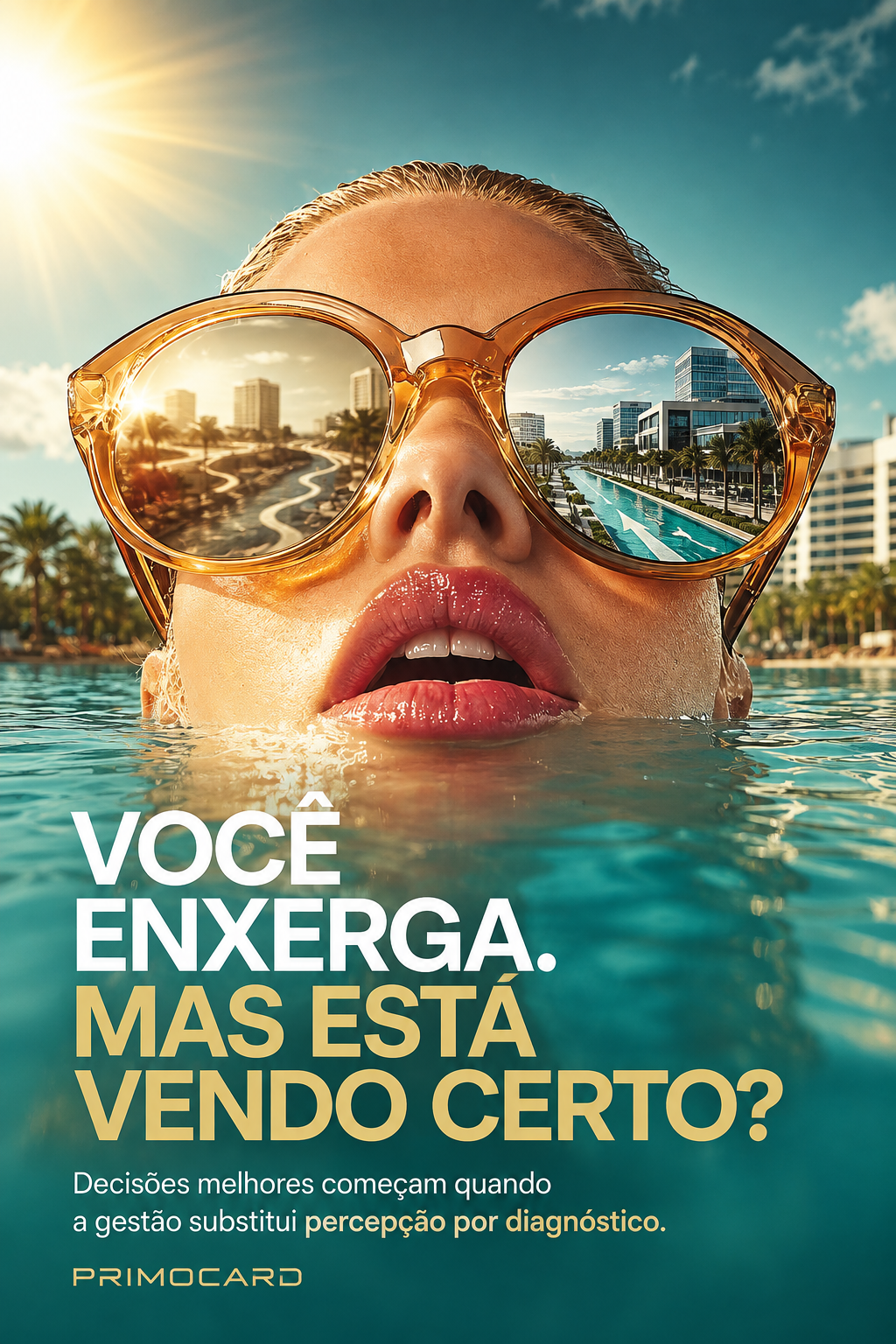 Rosto com grandes óculos refletindo dois cenários diferentes, simbolizando a diferença entre percepção e diagnóstico empresarial.