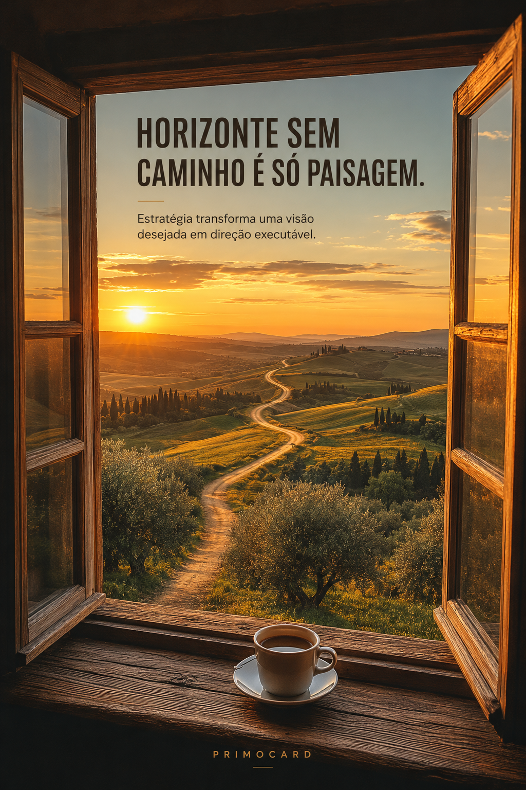Janela aberta para uma paisagem com uma estrada seguindo em direção ao horizonte, representando visão acompanhada de estratégia.