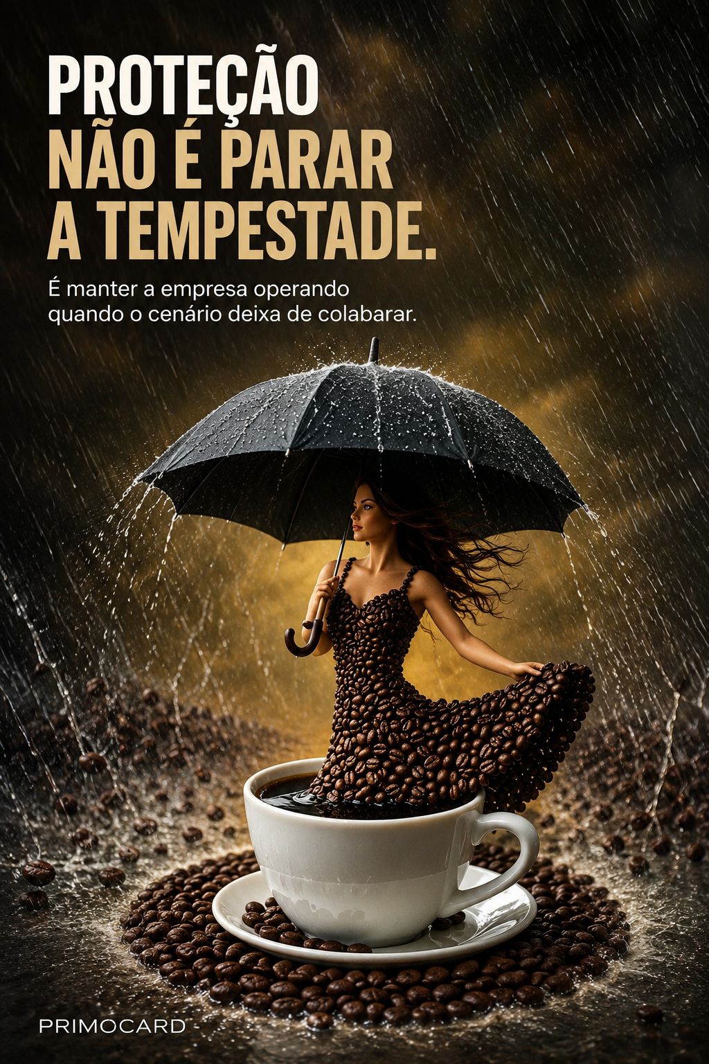 Mulher com vestido formado por grãos de café protegida por um guarda-chuva durante uma forte tempestade.