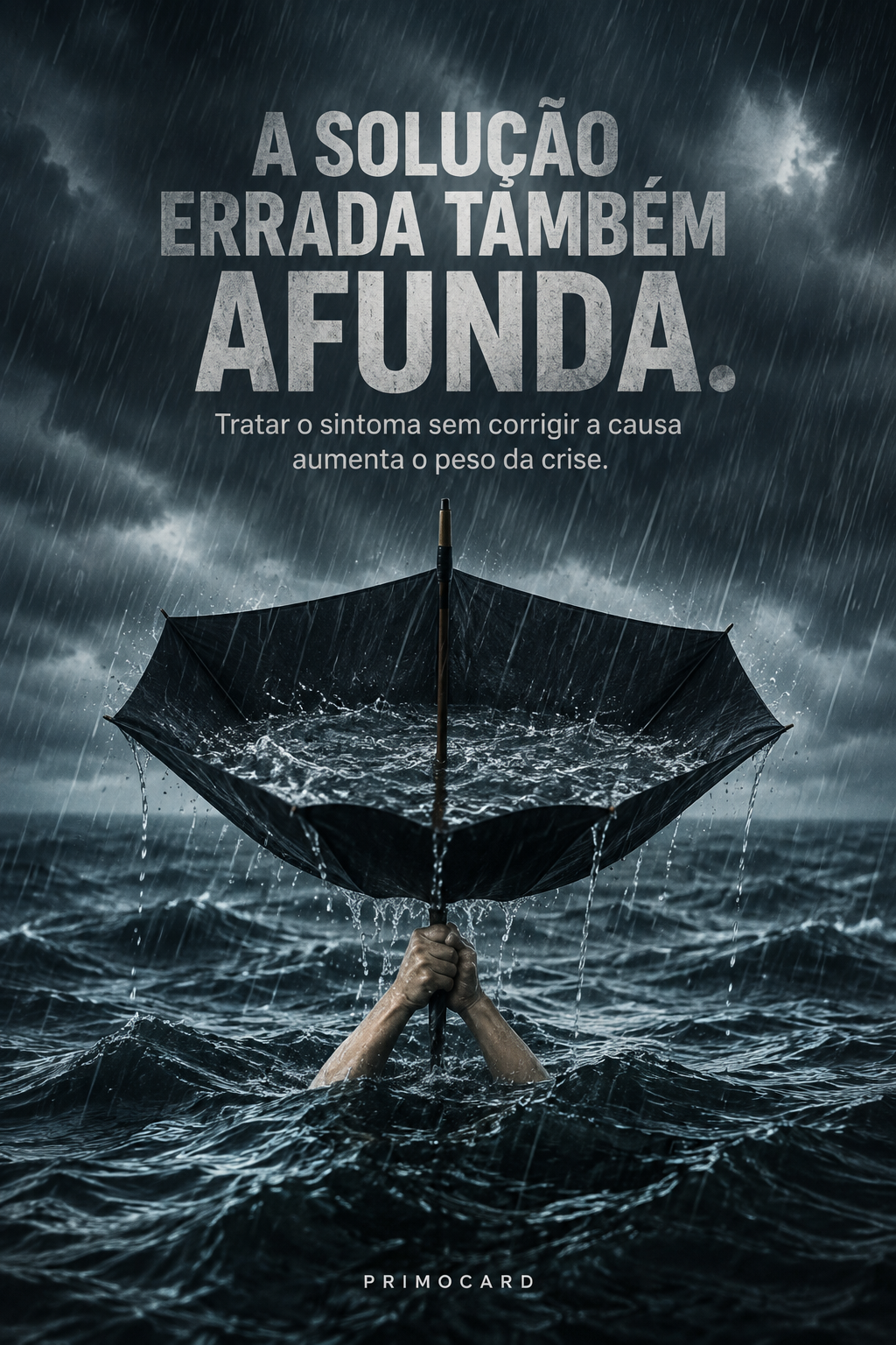 Pessoa submersa em um mar revolto segurando um guarda-chuva invertido e cheio de água durante uma tempestade.