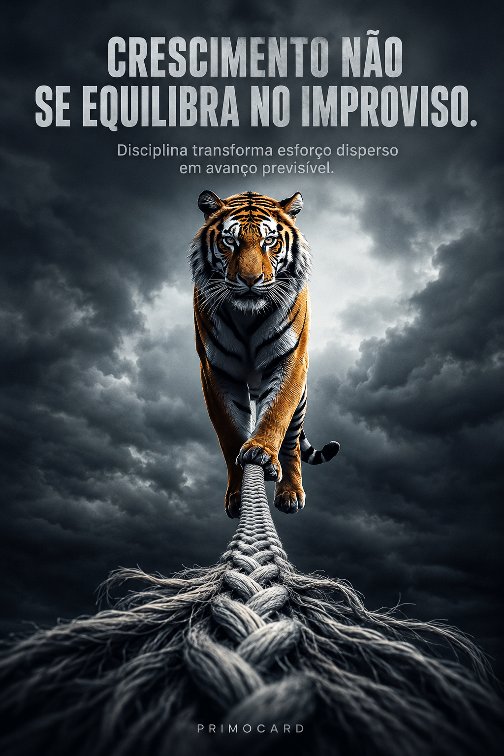 Tigre caminhando com equilíbrio sobre uma corda grossa sob um céu carregado, representando disciplina durante o crescimento.