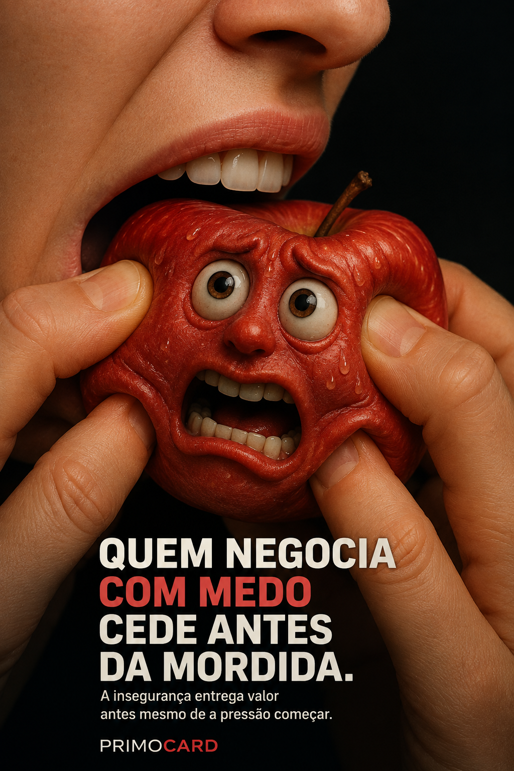 Pessoa prestes a morder uma maçã assustada, representando o medo que leva à perda de valor durante uma negociação.