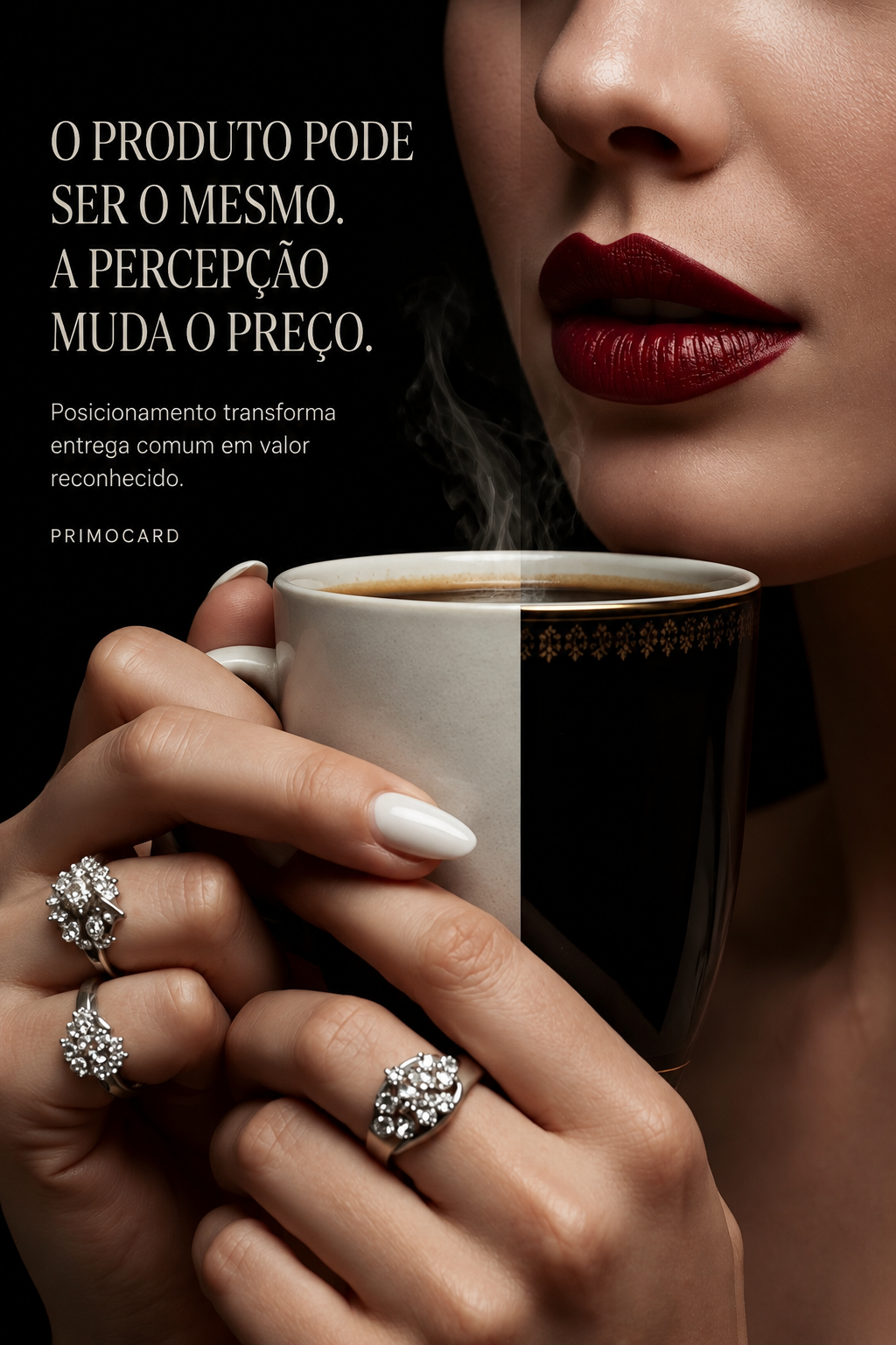 Mulher elegante segurando uma xícara dividida entre uma versão simples e outra sofisticada, representando diferentes percepções do mesmo produto.