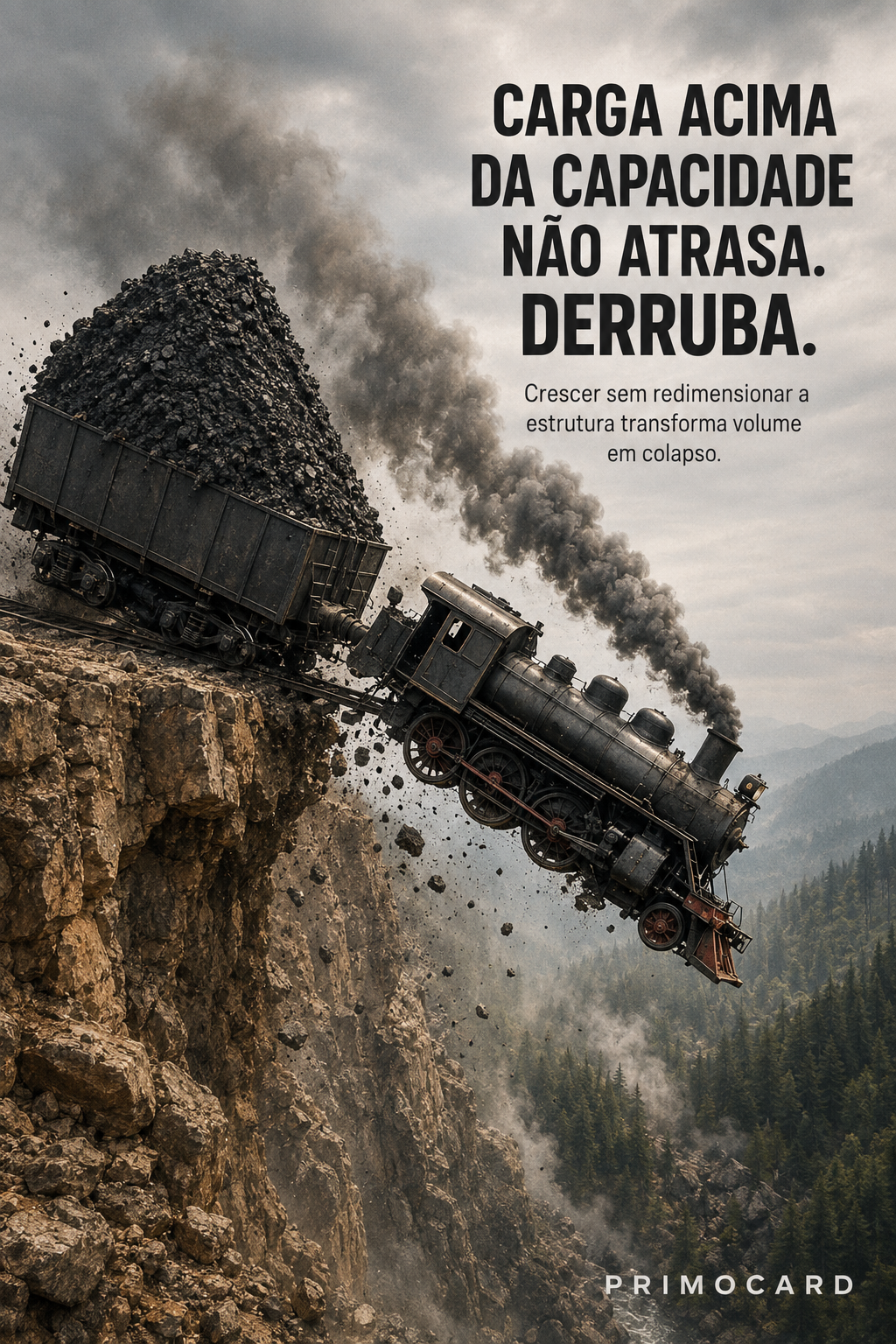 Locomotiva despencando de um penhasco por carregar peso excessivo, representando crescimento acima da capacidade operacional.